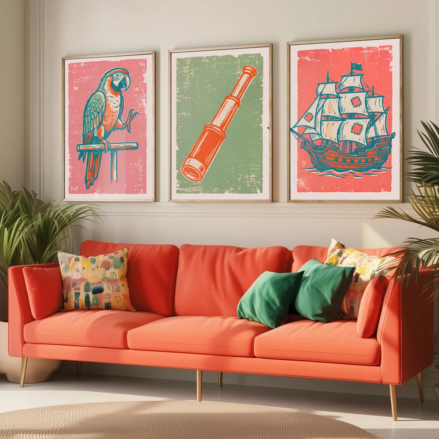 Parrot, Spyglass & Galleon - Set of Three Pirate Art Prints - Linocut Illustrations - Kids Pirate Posters V2