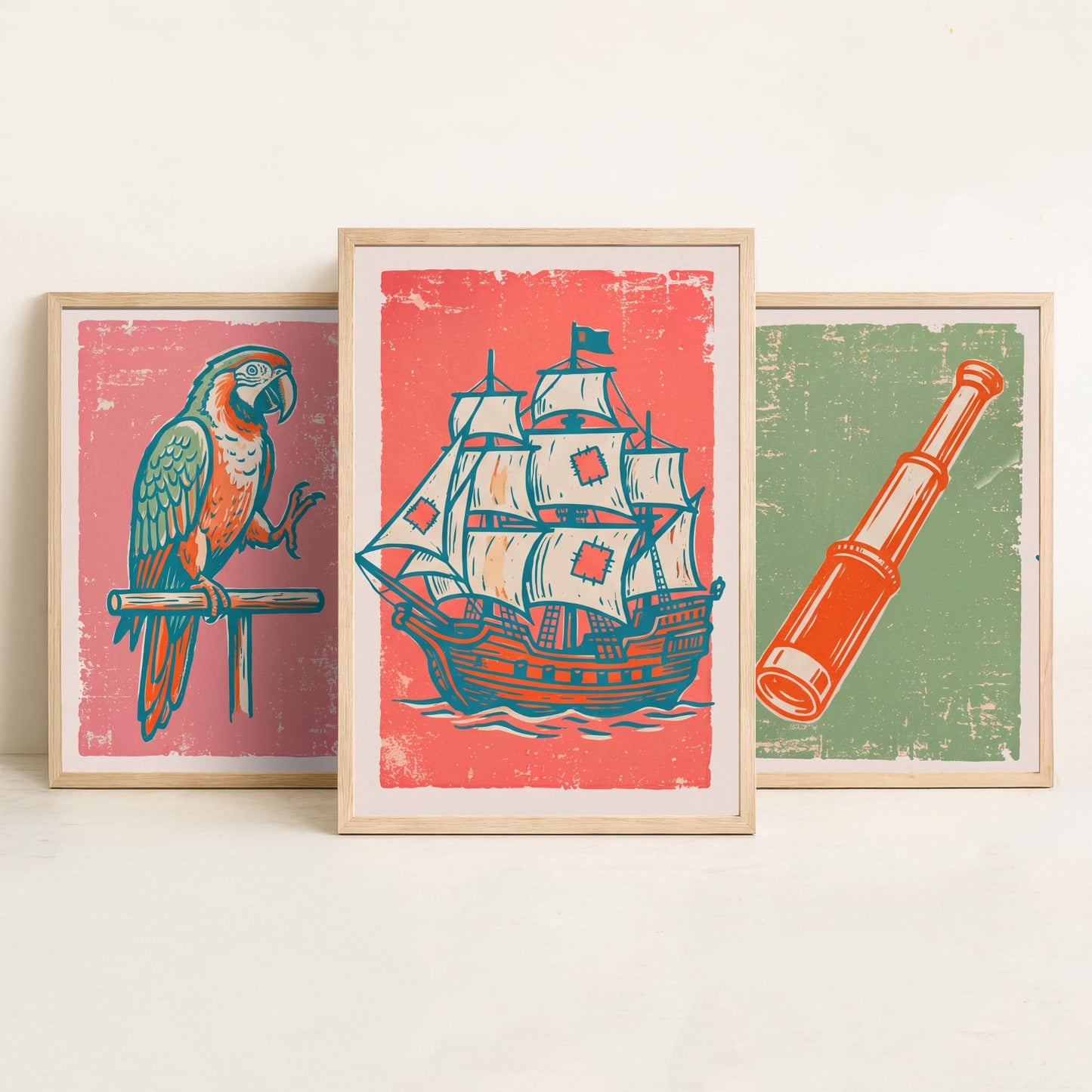 Parrot, Spyglass & Galleon - Set of Three Pirate Art Prints - Linocut Illustrations - Kids Pirate Posters V2