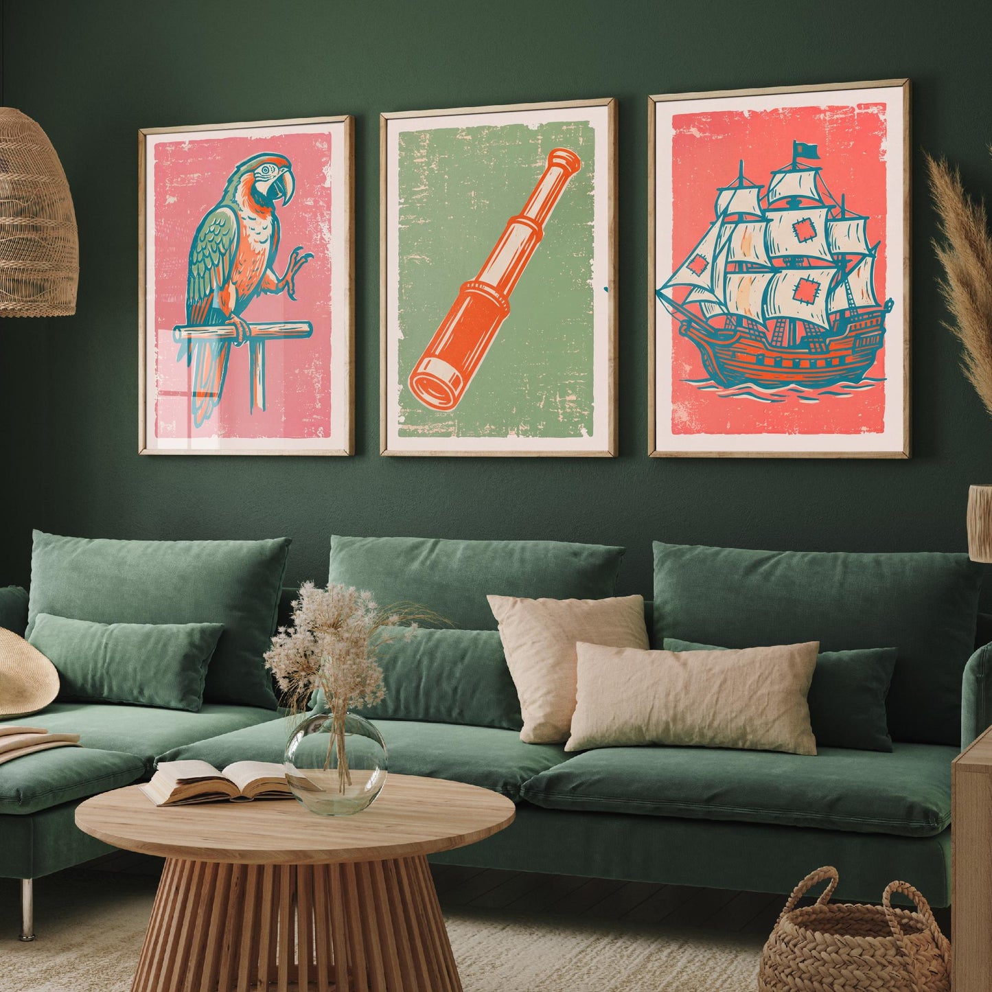 Parrot, Spyglass & Galleon - Set of Three Pirate Art Prints - Linocut Illustrations - Kids Pirate Posters V2