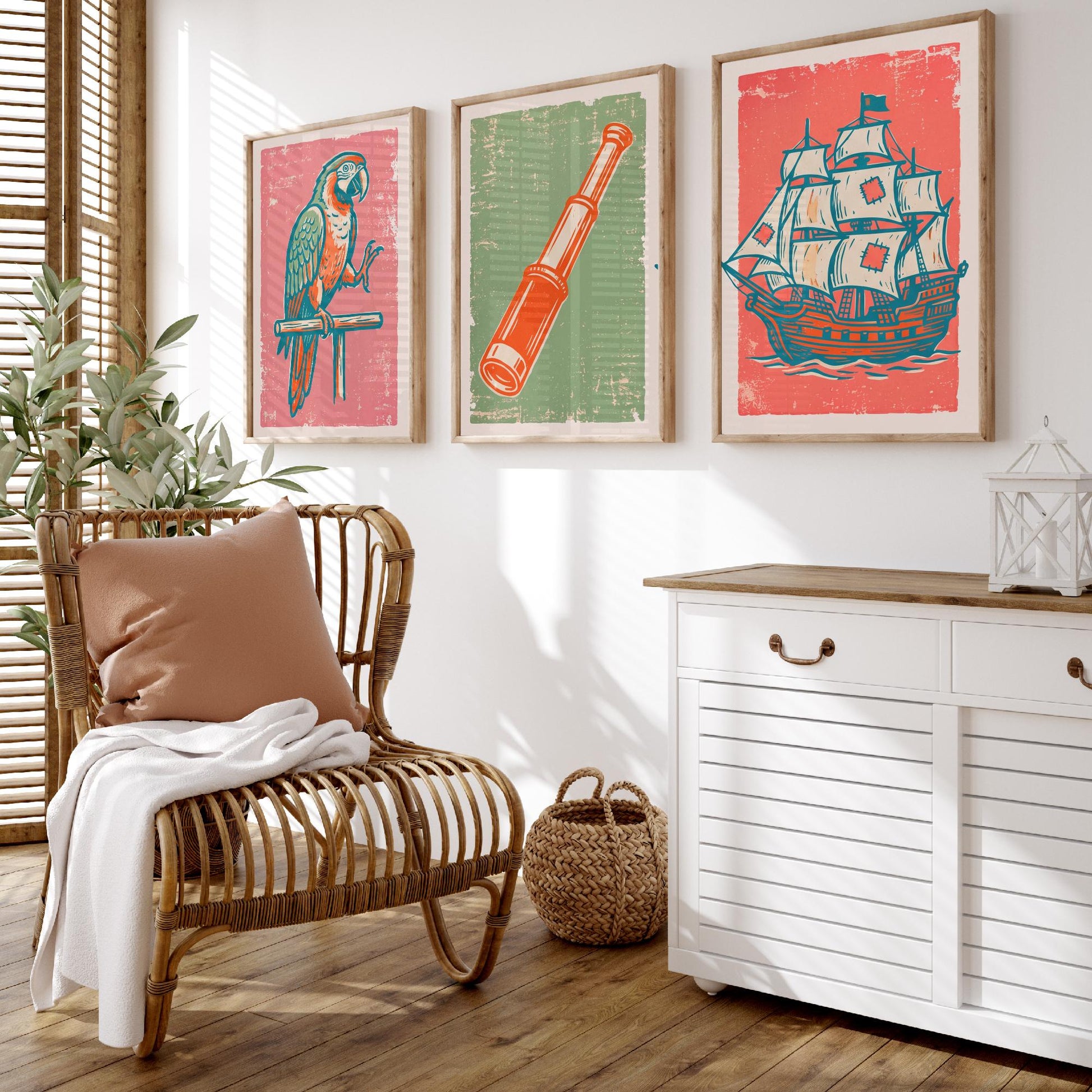 Parrot, Spyglass & Galleon - Set of Three Pirate Art Prints - Linocut Illustrations - Kids Pirate Posters V2