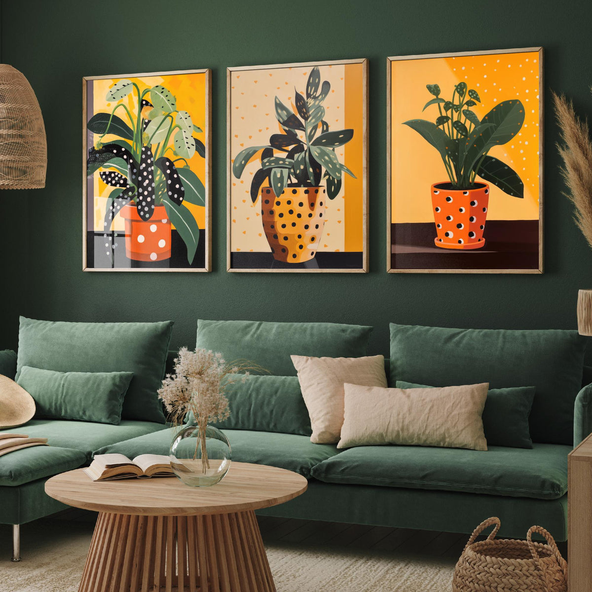 Plants and Polka Dots Set of Three Art Prints - Spotted Leaves in Orange Pots - Retro Botanical Poster Illustration