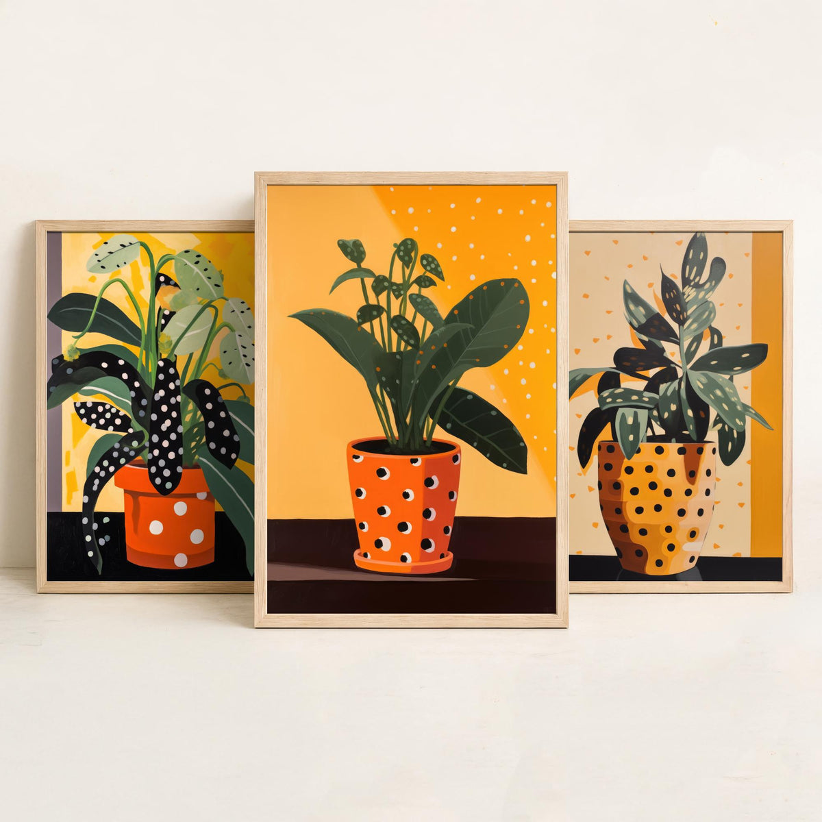 Plants and Polka Dots Set of Three Art Prints - Spotted Leaves in Orange Pots - Retro Botanical Poster Illustration