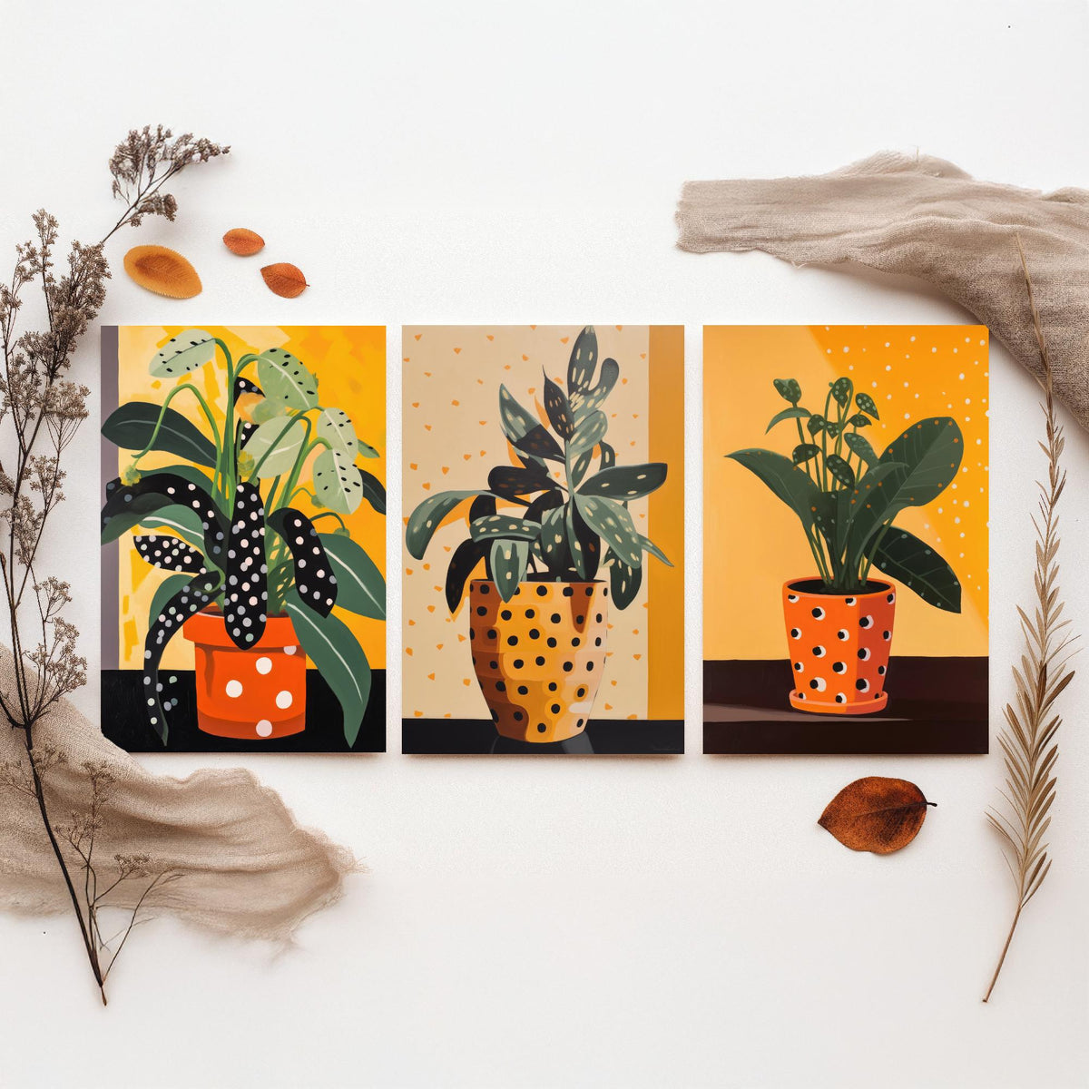 Plants and Polka Dots Set of Three Art Prints - Spotted Leaves in Orange Pots - Retro Botanical Poster Illustration