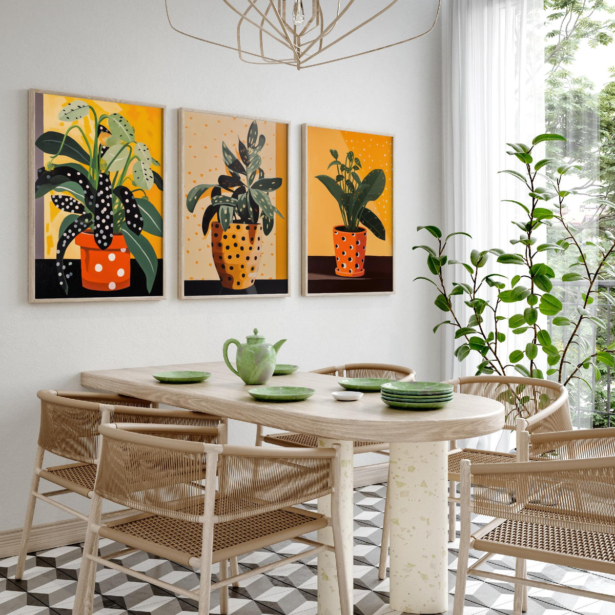 Plants and Polka Dots Set of Three Art Prints - Spotted Leaves in Orange Pots - Retro Botanical Poster Illustration