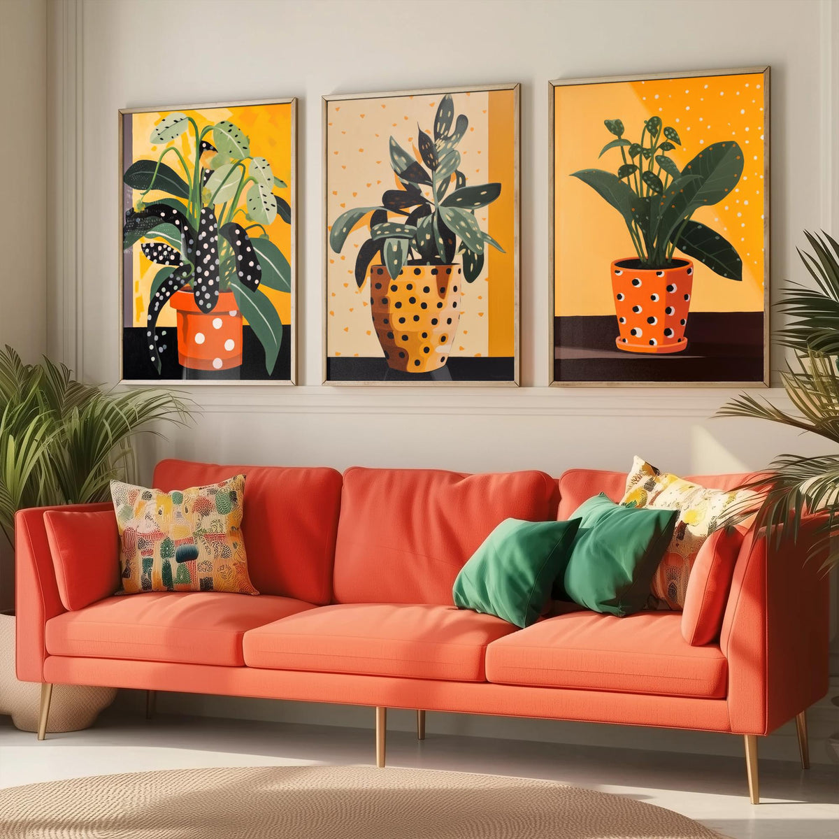 Plants and Polka Dots Set of Three Art Prints - Spotted Leaves in Orange Pots - Retro Botanical Poster Illustration
