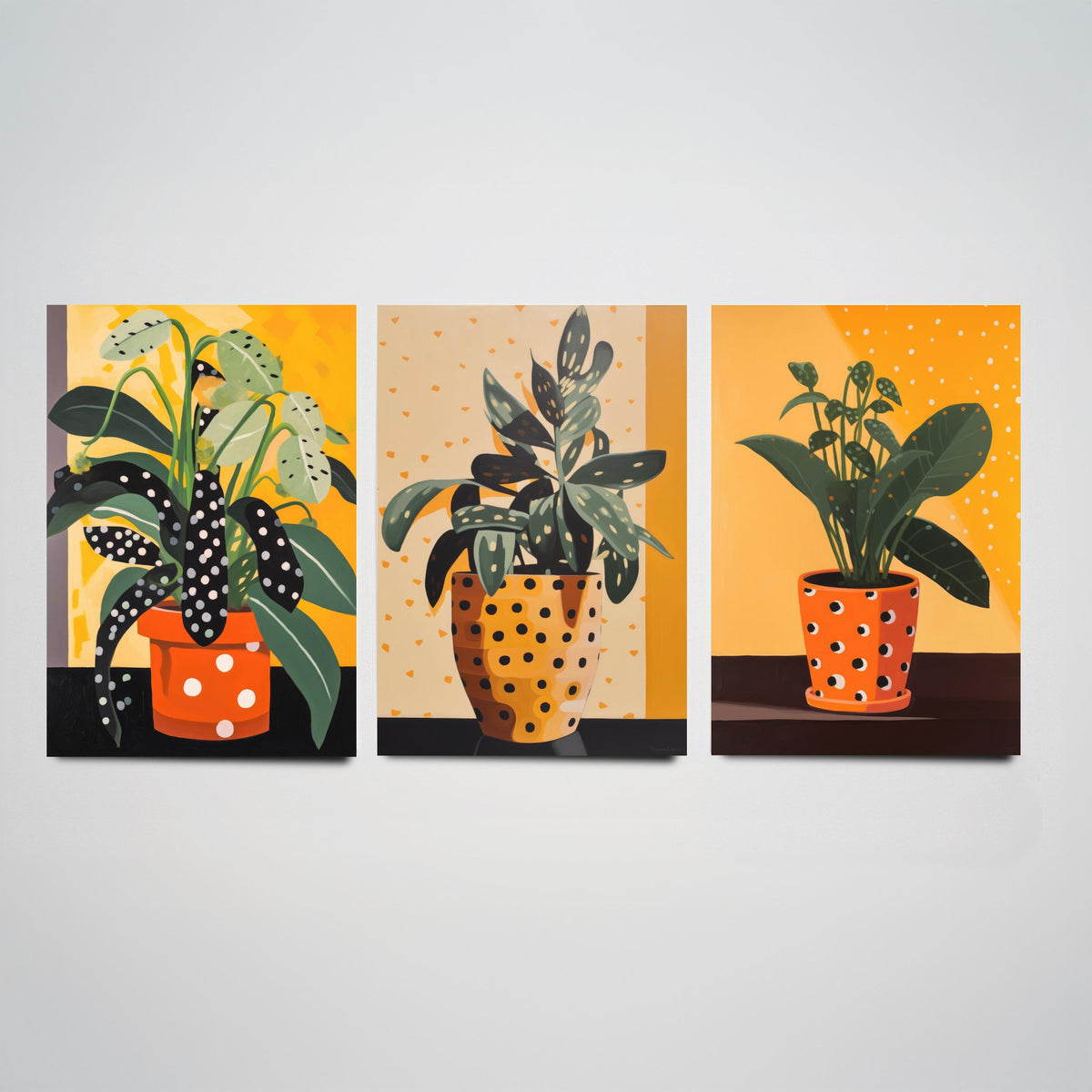 Plants and Polka Dots Set of Three Art Prints - Spotted Leaves in Orange Pots - Retro Botanical Poster Illustration