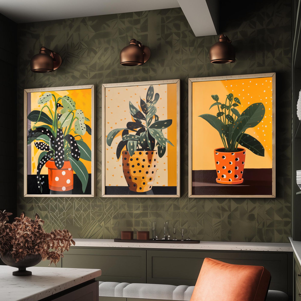 Plants and Polka Dots Set of Three Art Prints - Spotted Leaves in Orange Pots - Retro Botanical Poster Illustration