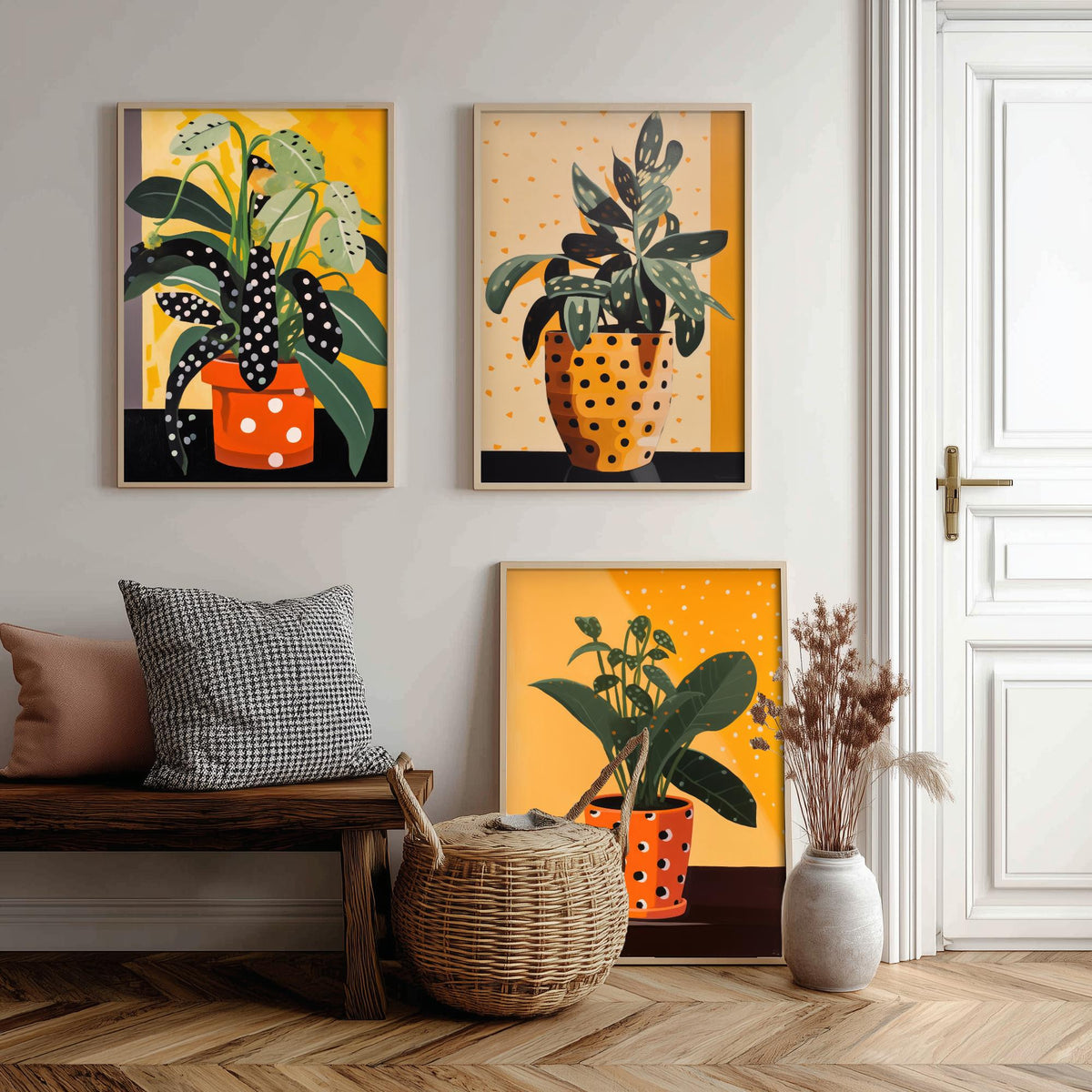 Plants and Polka Dots Set of Three Art Prints - Spotted Leaves in Orange Pots - Retro Botanical Poster Illustration