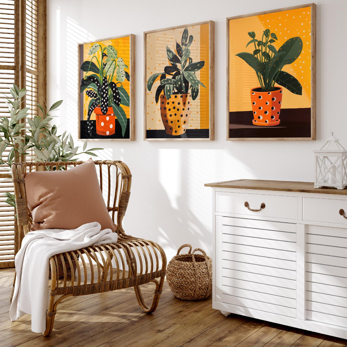 Plants and Polka Dots Set of Three Art Prints - Spotted Leaves in Orange Pots - Retro Botanical Poster Illustration