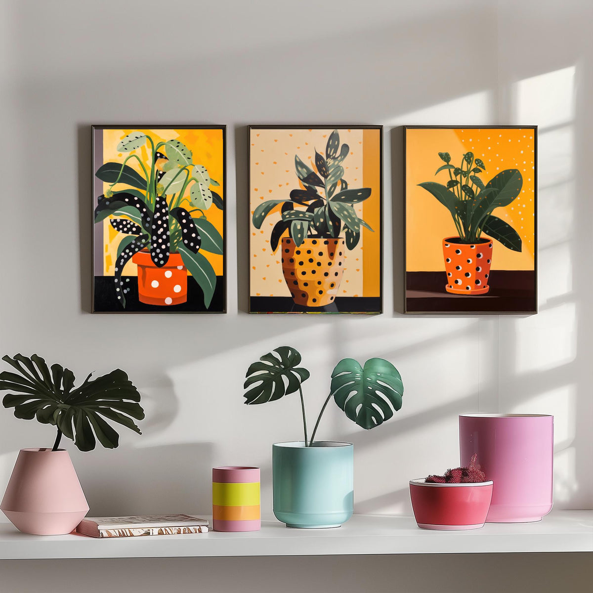 Plants and Polka Dots Set of Three Art Prints - Spotted Leaves in Orange Pots - Retro Botanical Poster Illustration