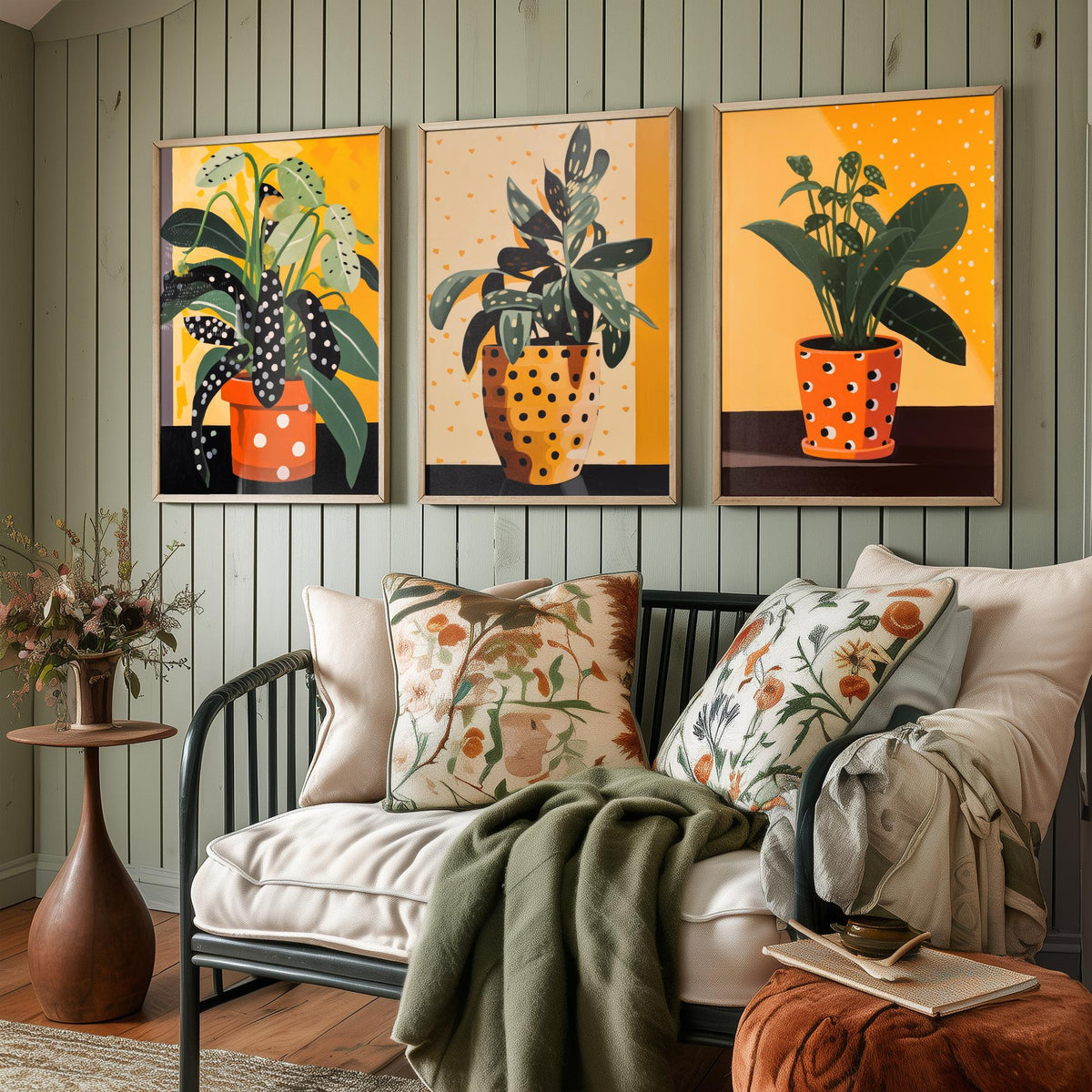 Plants and Polka Dots Set of Three Art Prints - Spotted Leaves in Orange Pots - Retro Botanical Poster Illustration