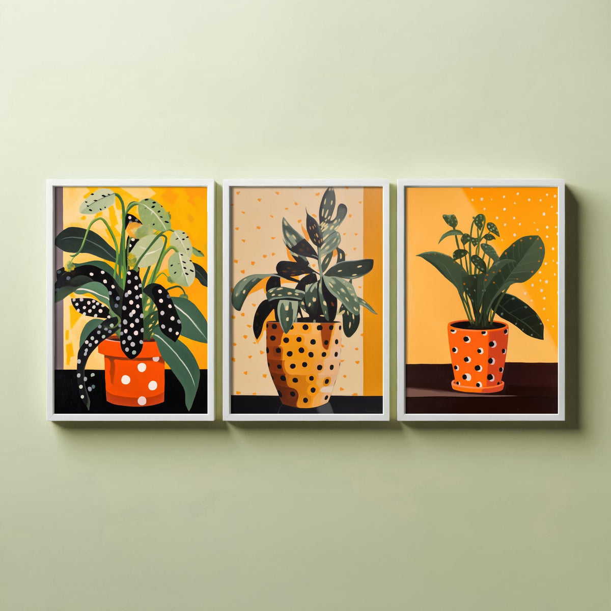 Plants and Polka Dots Set of Three Art Prints - Spotted Leaves in Orange Pots - Retro Botanical Poster Illustration