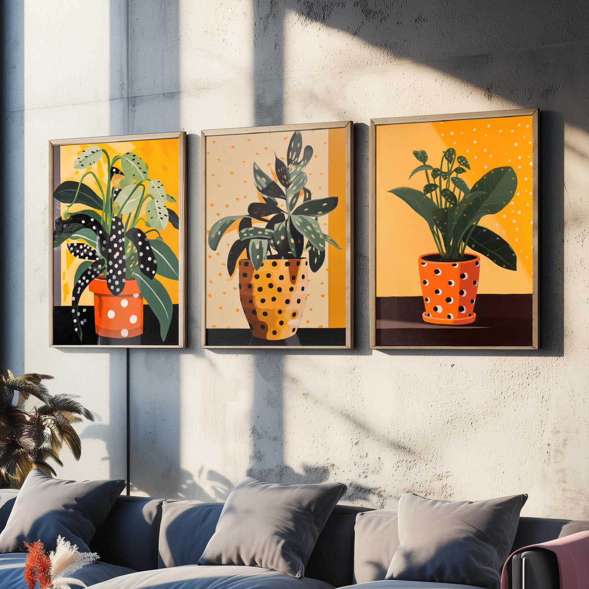 Plants and Polka Dots Set of Three Art Prints - Spotted Leaves in Orange Pots - Retro Botanical Poster Illustration