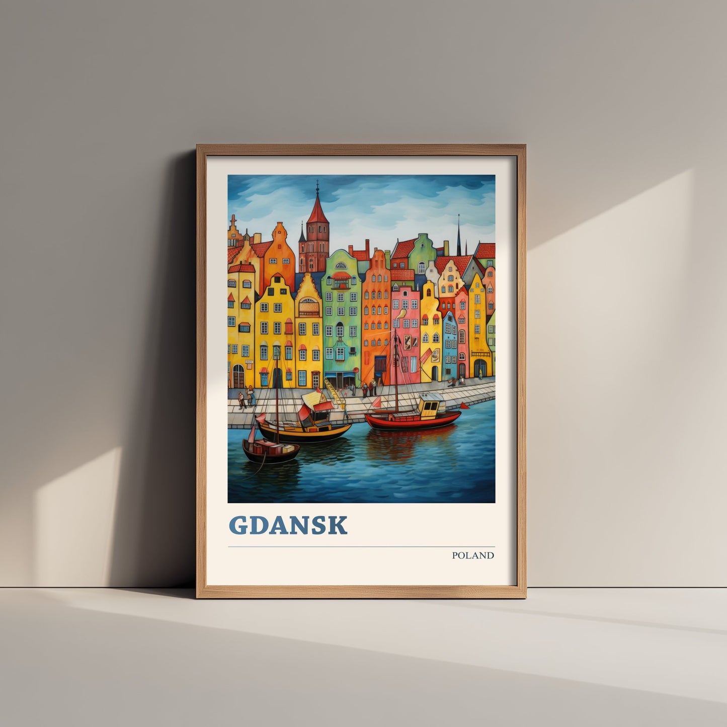 Gdansk Poland Travel Poster - Folk Art Print - Harbour Townhouses Illustration - Naive Polish Cityscape 1/3