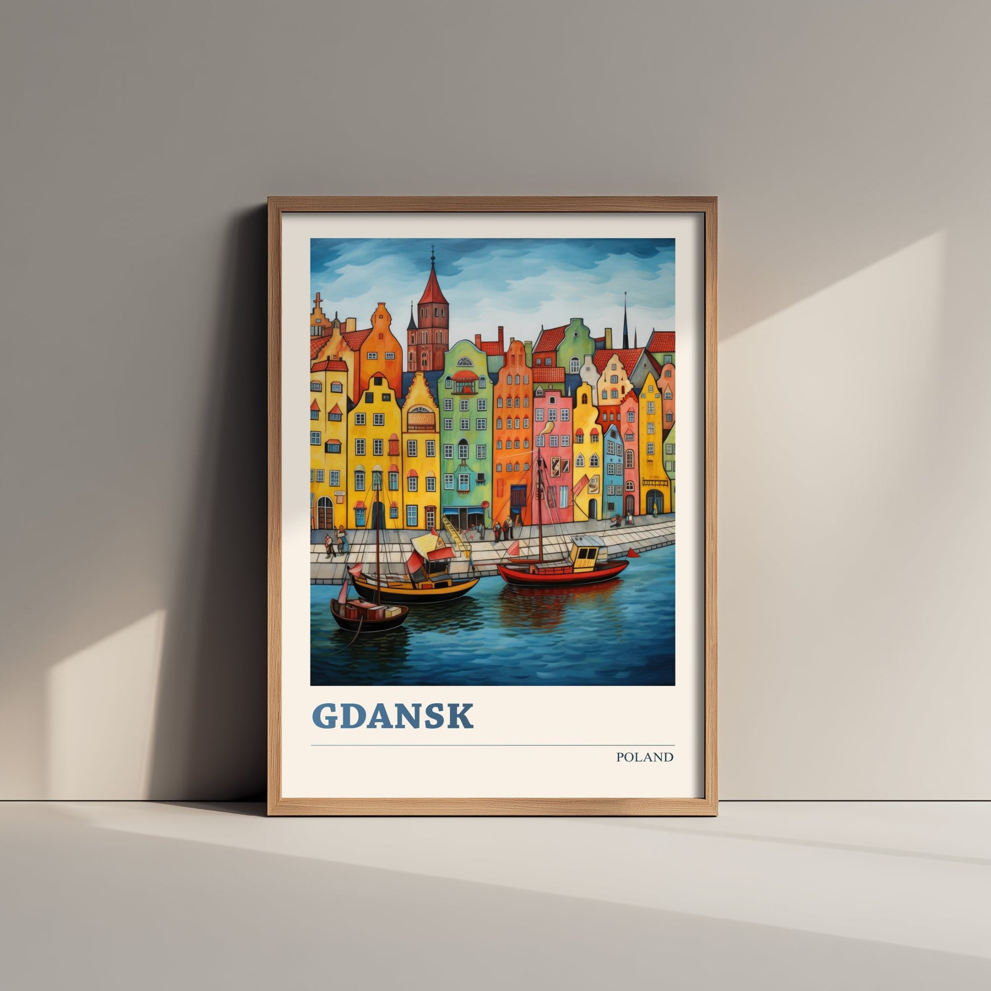 Gdansk Poland Travel Poster - Folk Art Print - Harbour Townhouses Illustration - Naive Polish Cityscape 1/3