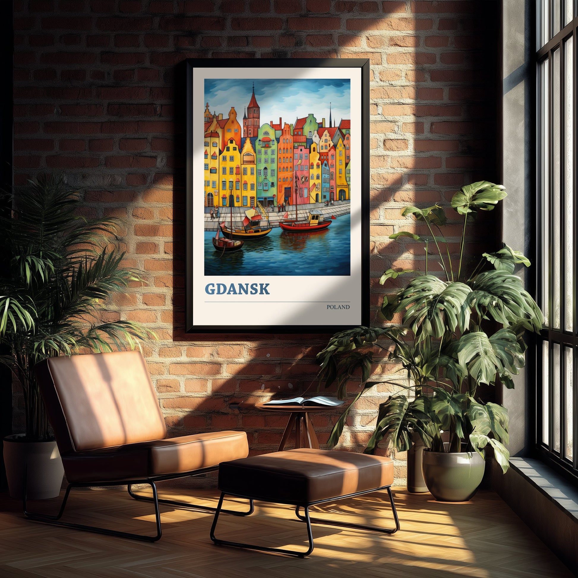 Gdansk Poland Travel Poster - Folk Art Print - Harbour Townhouses Illustration - Naive Polish Cityscape 1/3