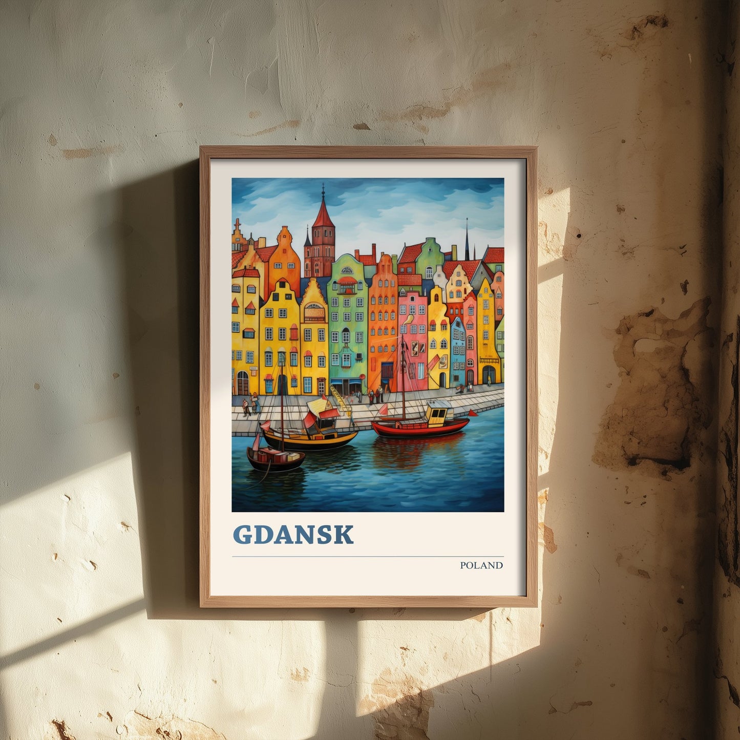 Gdansk Poland Travel Poster - Folk Art Print - Harbour Townhouses Illustration - Naive Polish Cityscape 1/3