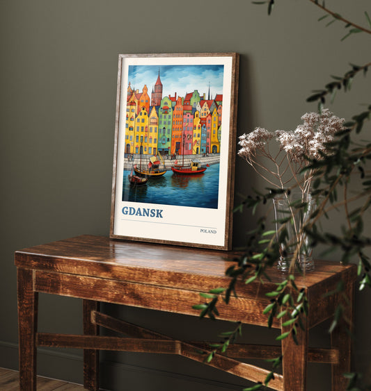 Gdansk Poland Travel Poster - Folk Art Print - Harbour Townhouses Illustration - Naive Polish Cityscape 1/3