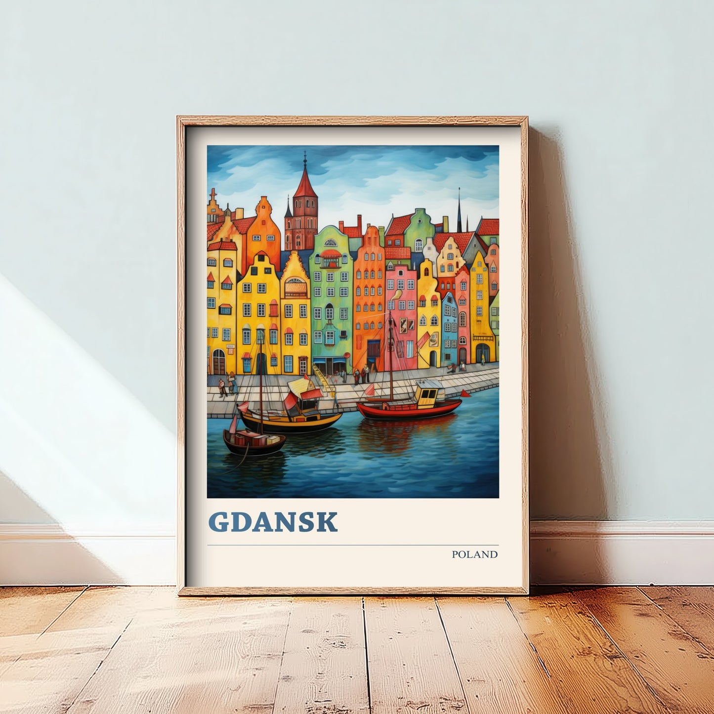 Gdansk Poland Travel Poster - Folk Art Print - Harbour Townhouses Illustration - Naive Polish Cityscape 1/3