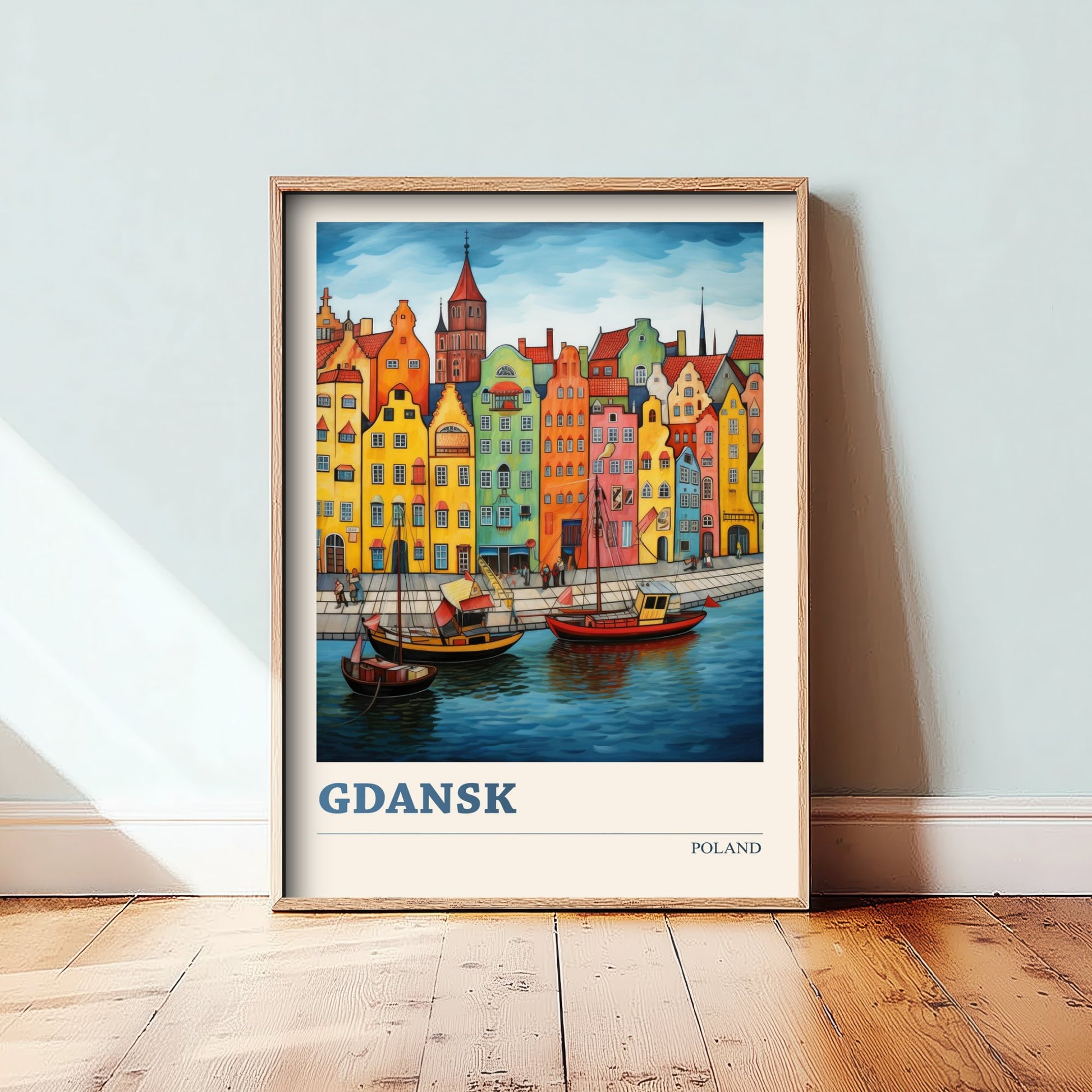 Gdansk Poland Travel Poster - Folk Art Print - Harbour Townhouses Illustration - Naive Polish Cityscape 1/3