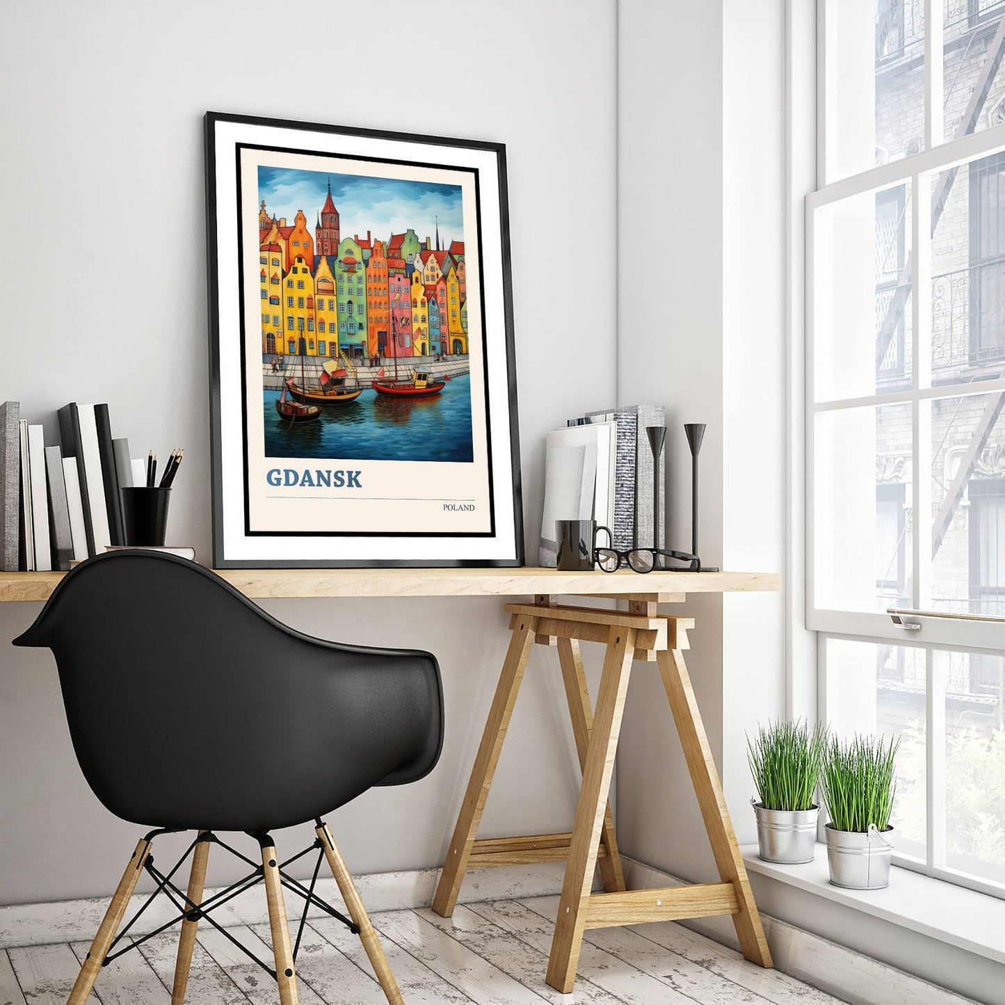Gdansk Poland Travel Poster - Folk Art Print - Harbour Townhouses Illustration - Naive Polish Cityscape 1/3