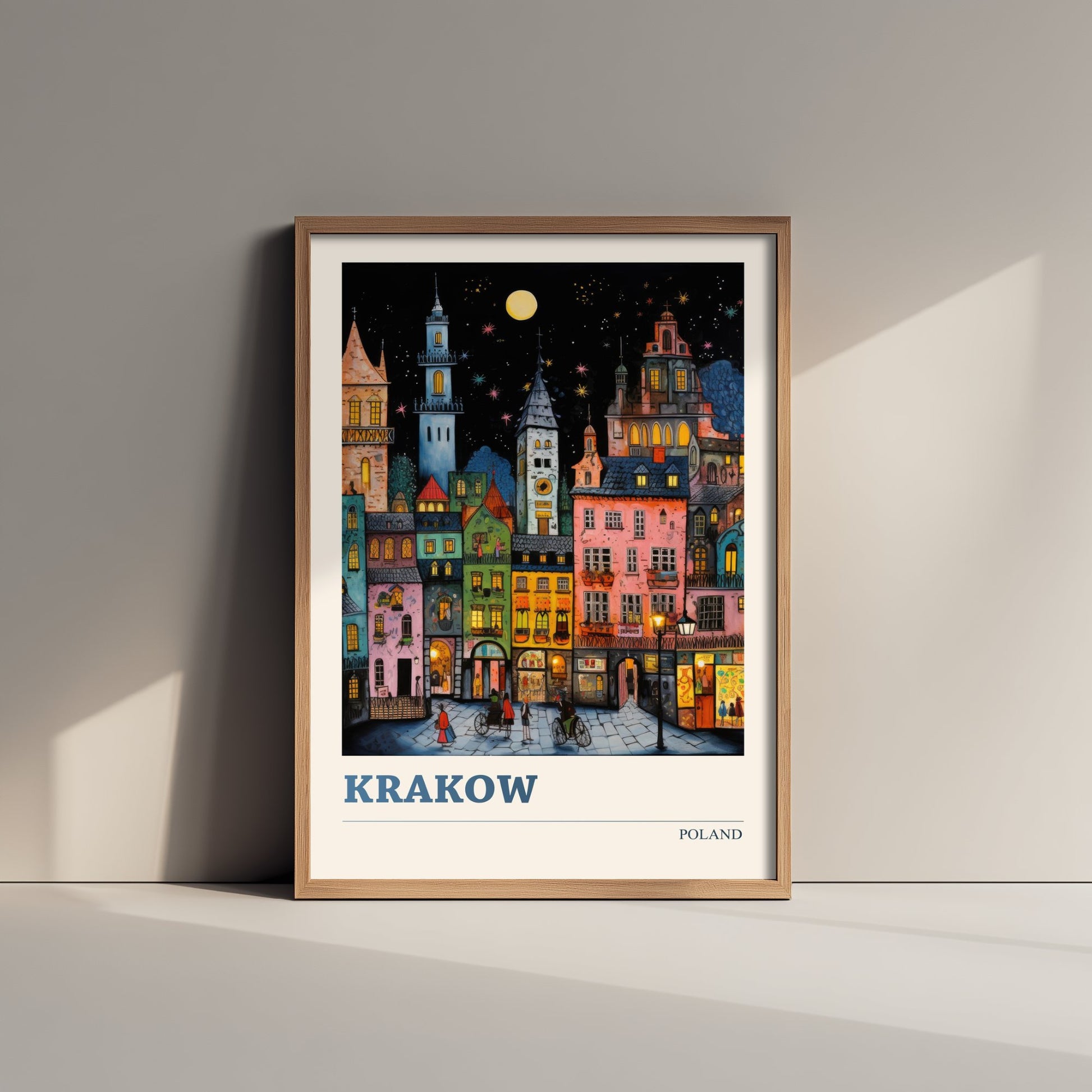 Krakow Poland Travel Poster - Folk Art Print - Old Town Houses at Night Illustration - Naive Cityscape 2/3