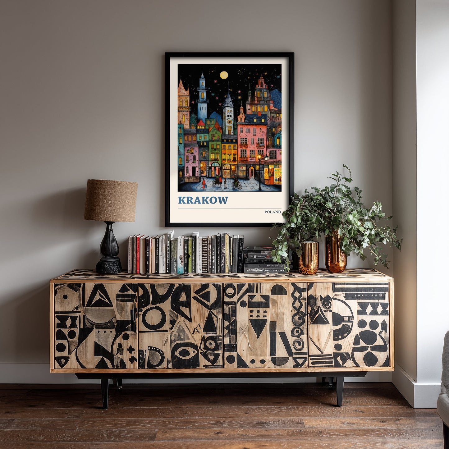 Krakow Poland Travel Poster - Folk Art Print - Old Town Houses at Night Illustration - Naive Cityscape 2/3
