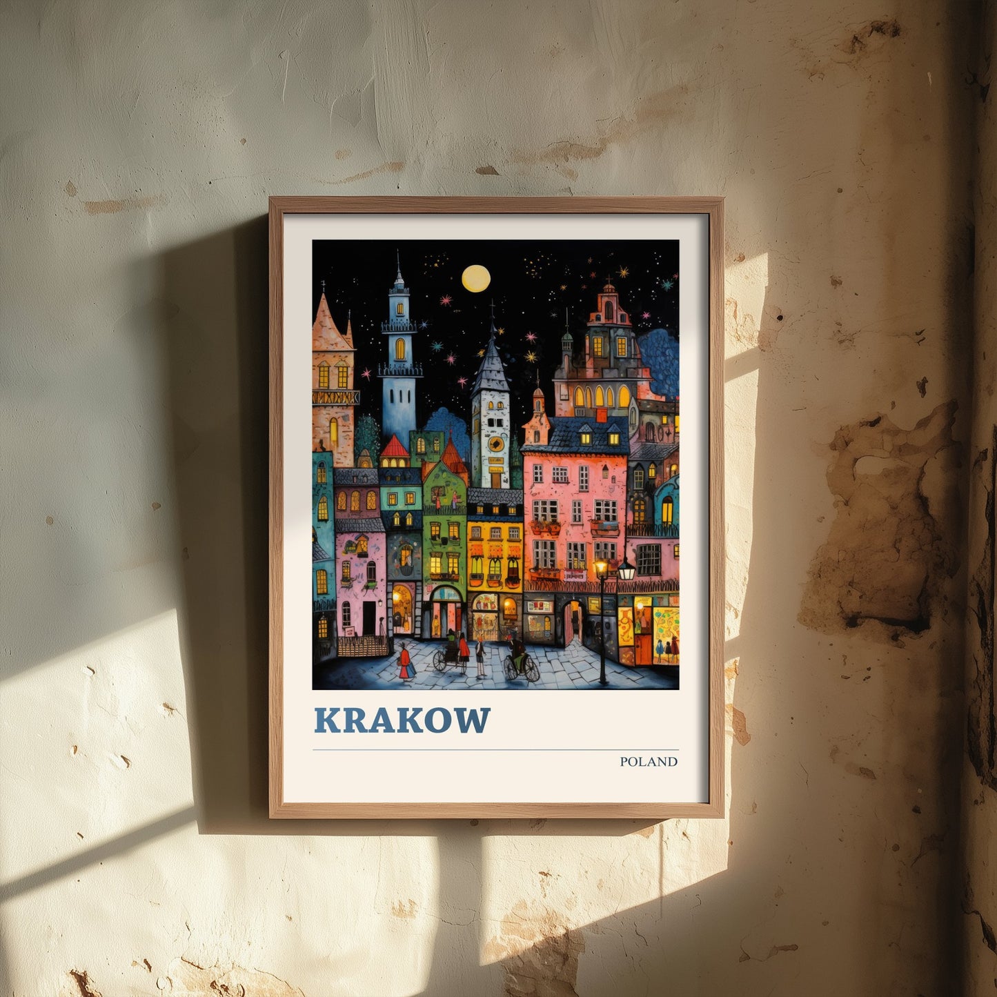 Krakow Poland Travel Poster - Folk Art Print - Old Town Houses at Night Illustration - Naive Cityscape 2/3