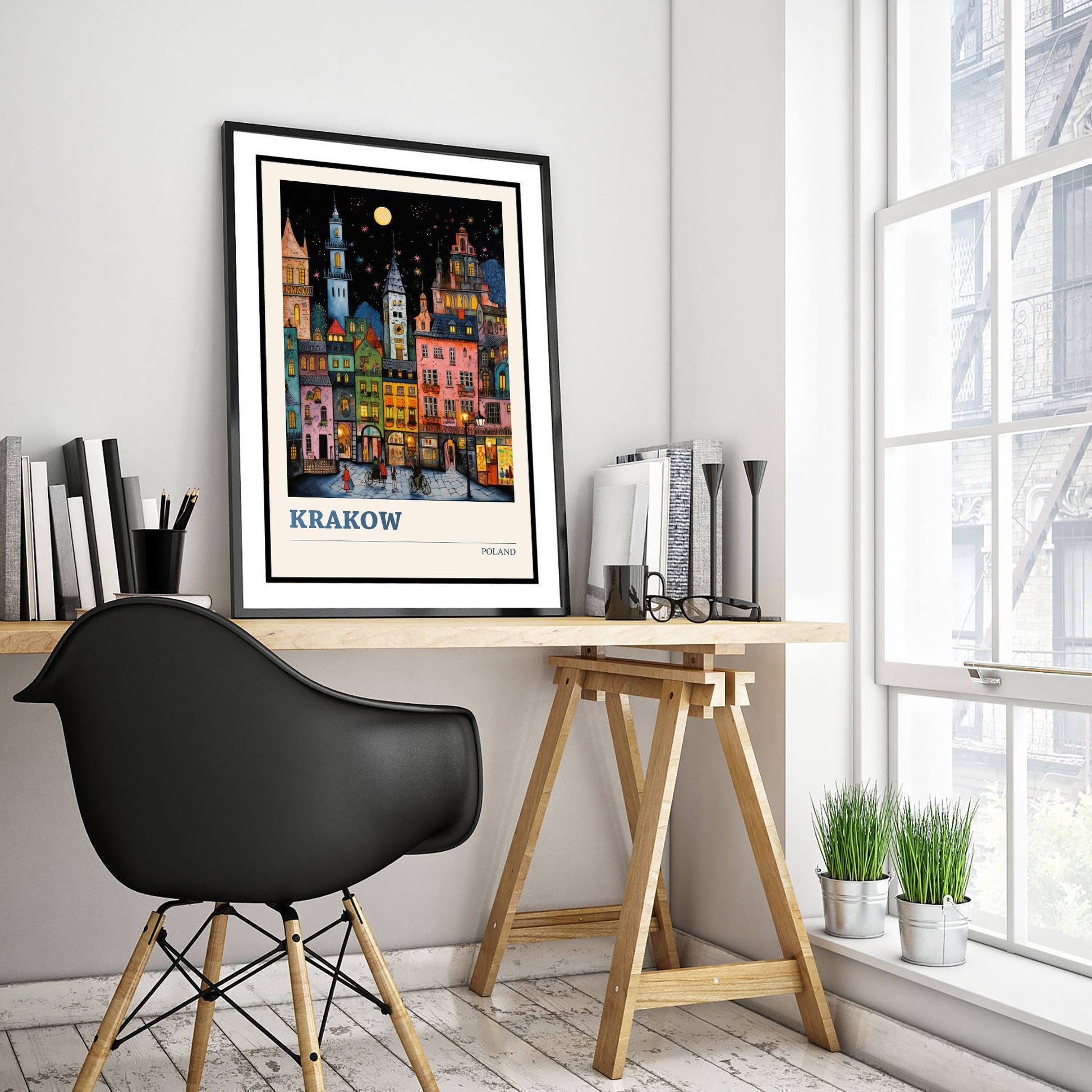 Krakow Poland Travel Poster - Folk Art Print - Old Town Houses at Night Illustration - Naive Cityscape 2/3