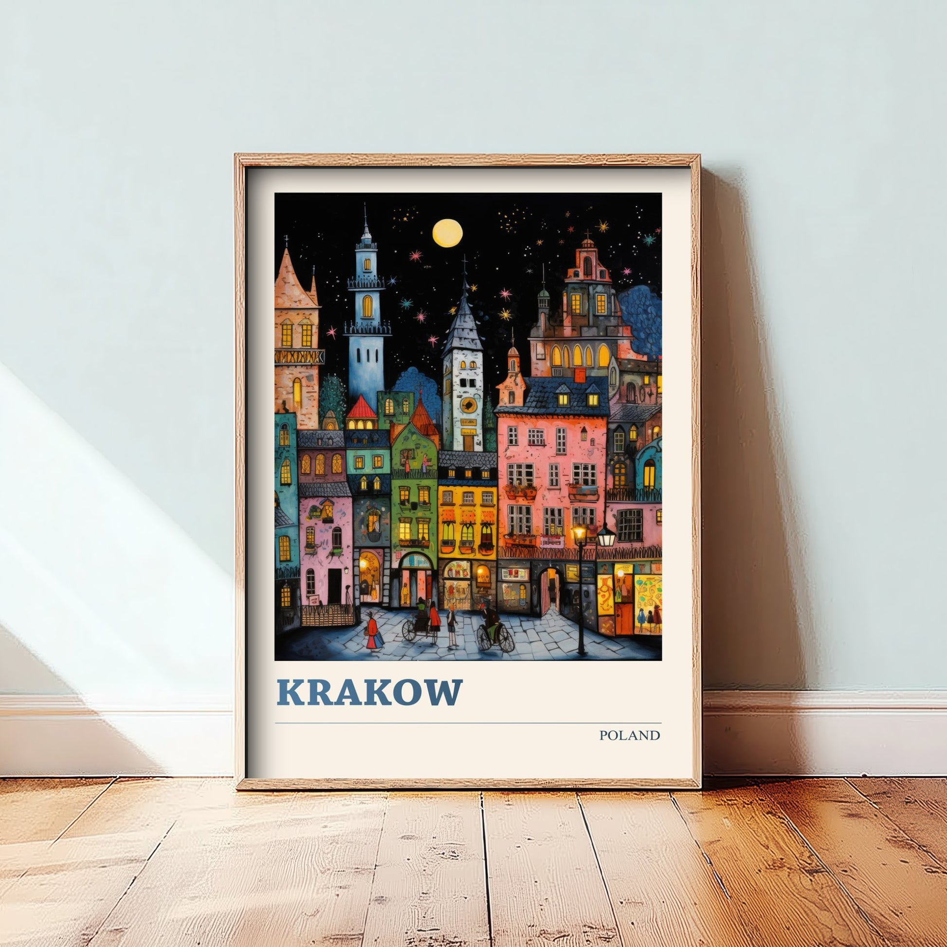 Krakow Poland Travel Poster - Folk Art Print - Old Town Houses at Night Illustration - Naive Cityscape 2/3