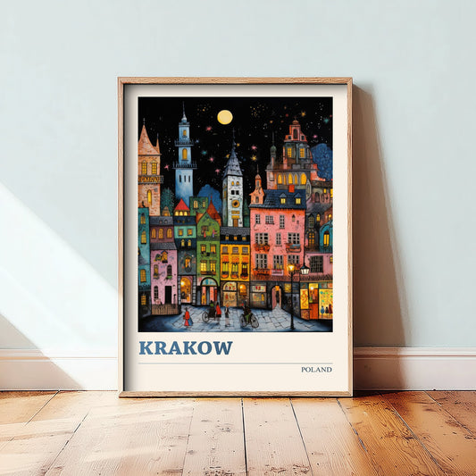 Krakow Poland Travel Poster - Folk Art Print - Old Town Houses at Night Illustration - Naive Cityscape 2/3