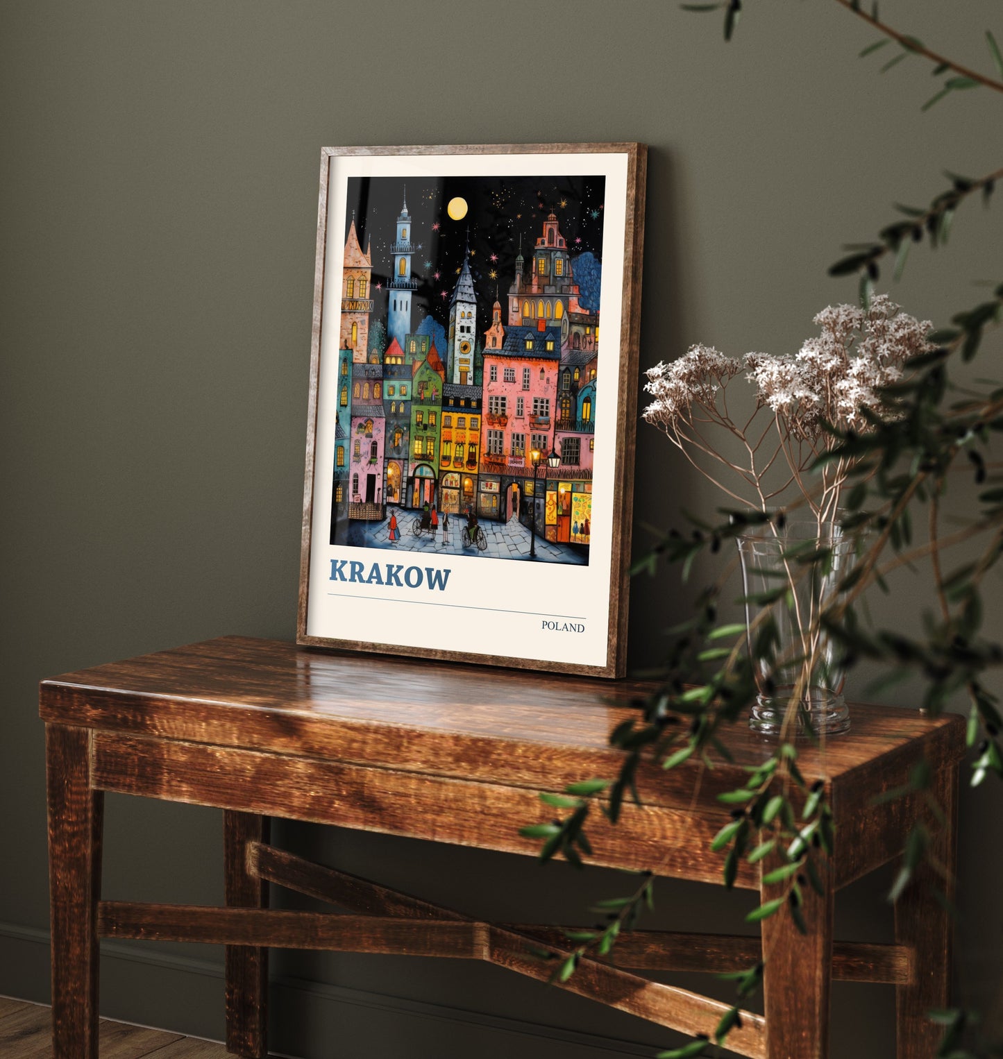 Krakow Poland Travel Poster - Folk Art Print - Old Town Houses at Night Illustration - Naive Cityscape 2/3