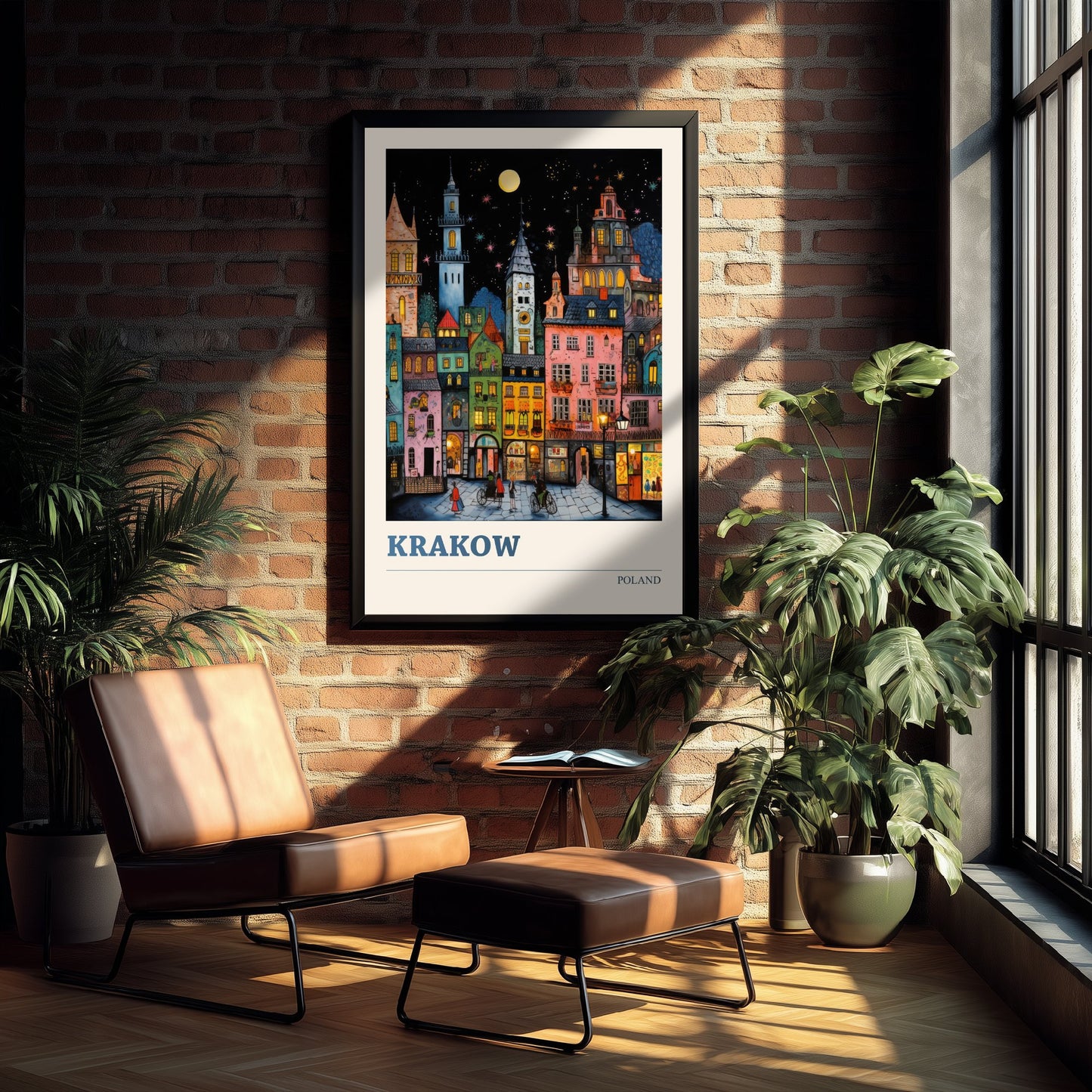 Krakow Poland Travel Poster - Folk Art Print - Old Town Houses at Night Illustration - Naive Cityscape 2/3