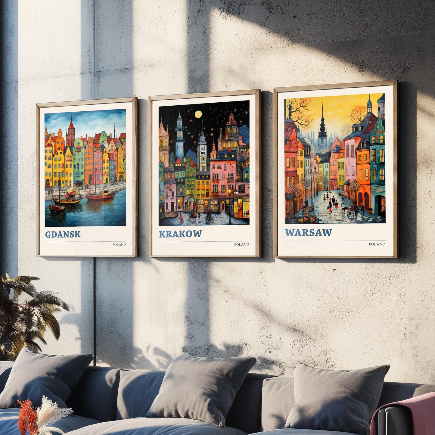 Poland Set of Three Travel Posters - Gdansk, Krakow, Warsaw - Vibrant Art Print Painting Gift Polish Wall Art Cityscape