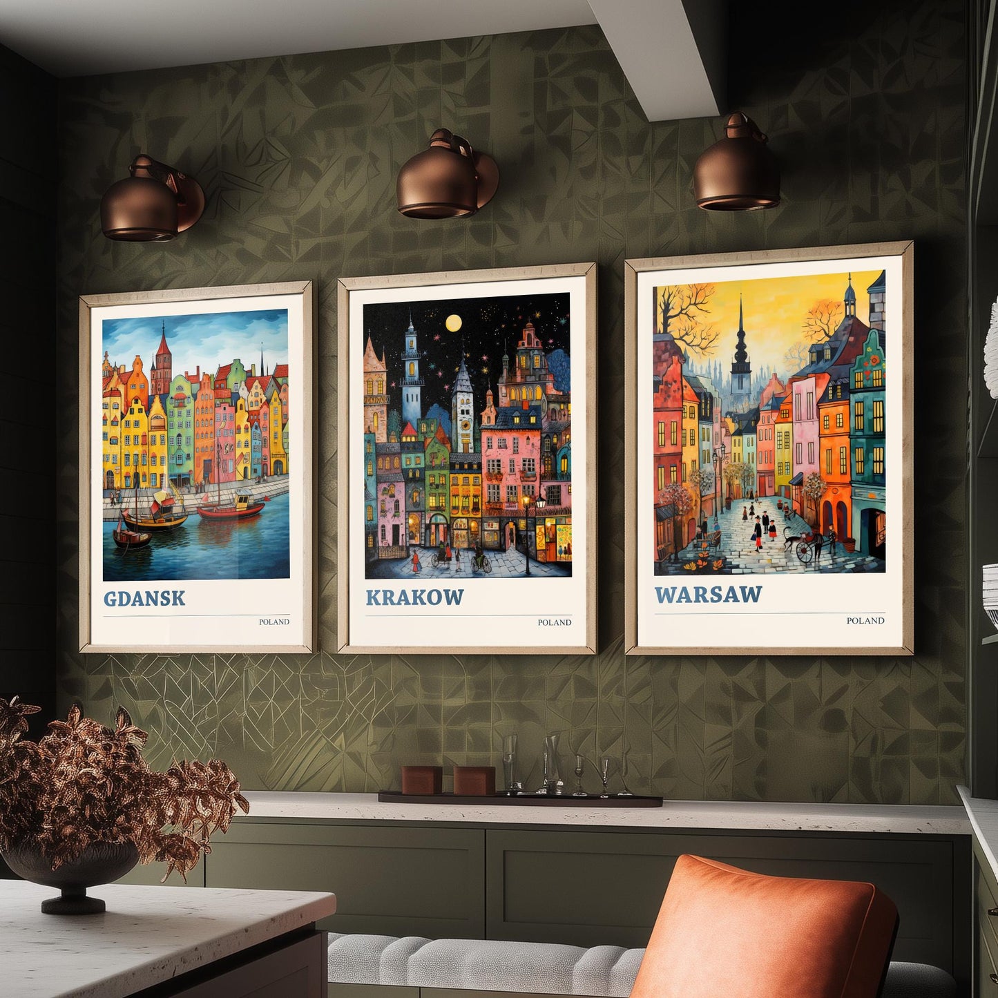 Poland Set of Three Travel Posters - Gdansk, Krakow, Warsaw - Vibrant Art Print Painting Gift Polish Wall Art Cityscape