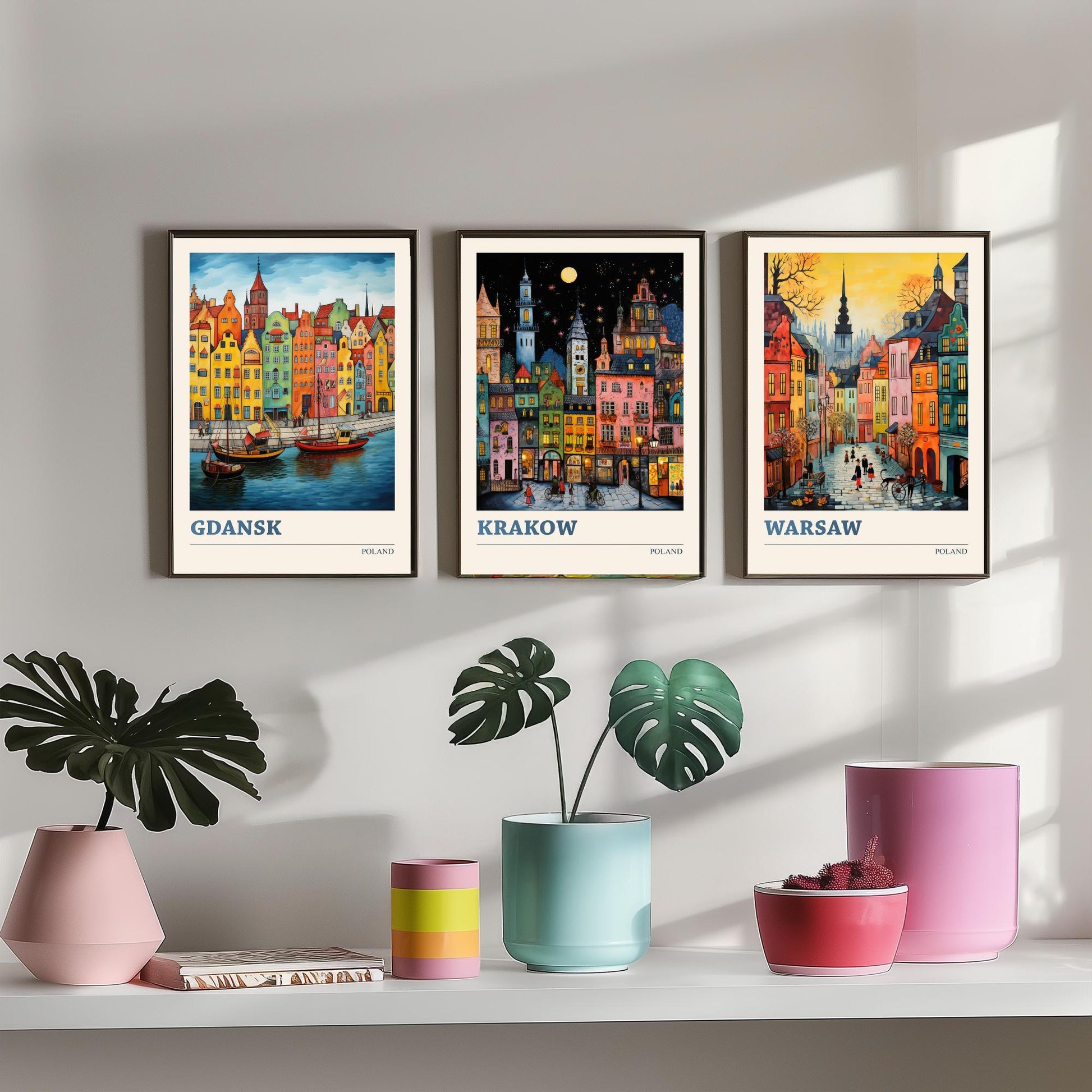 Poland Set of Three Travel Posters - Gdansk, Krakow, Warsaw - Vibrant Art Print Painting Gift Polish Wall Art Cityscape