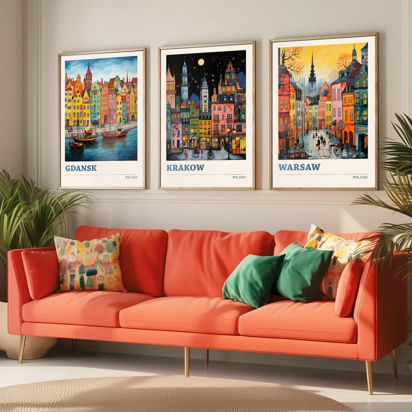 Poland Set of Three Travel Posters - Gdansk, Krakow, Warsaw - Vibrant Art Print Painting Gift Polish Wall Art Cityscape