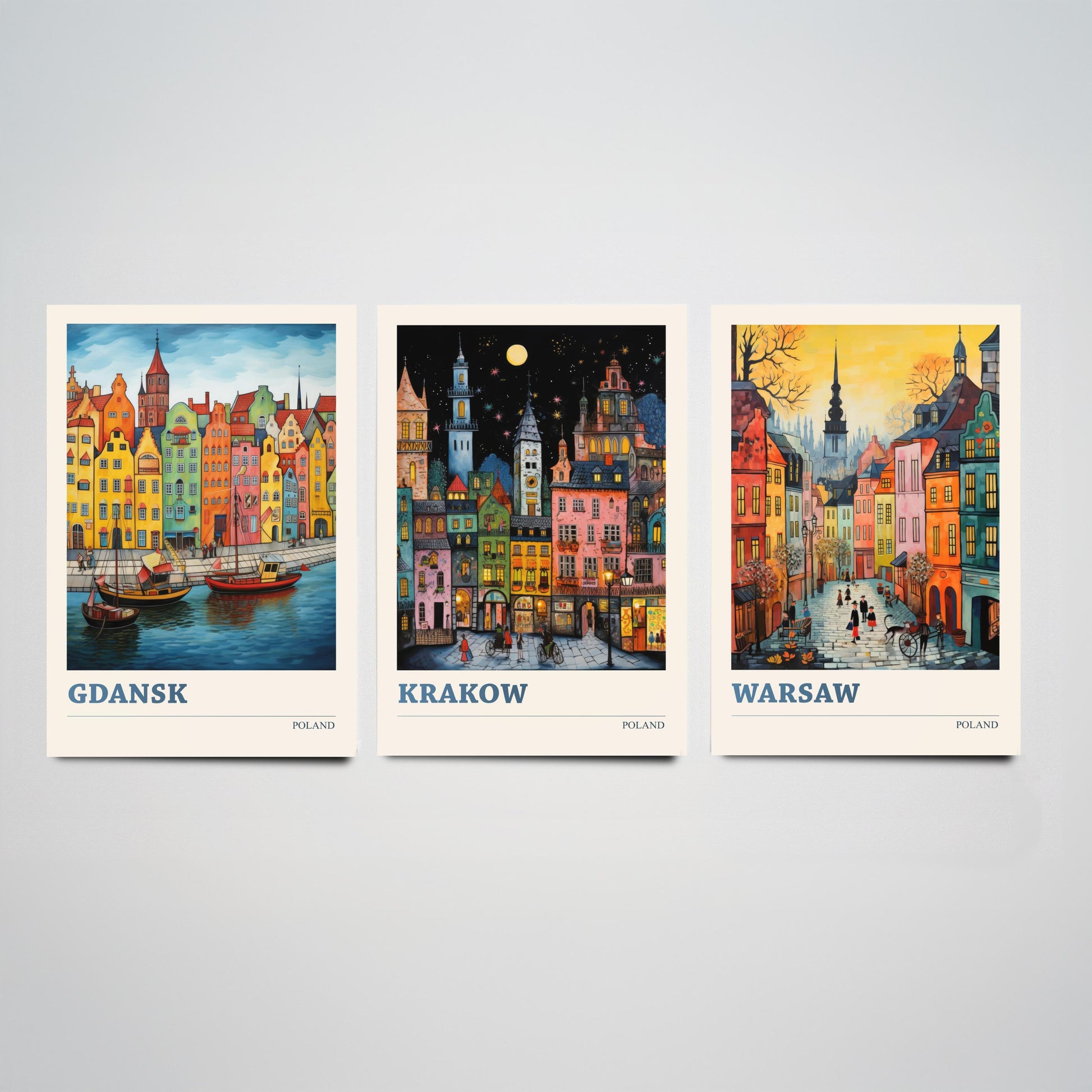 Poland Set of Three Travel Posters - Gdansk, Krakow, Warsaw - Vibrant Art Print Painting Gift Polish Wall Art Cityscape