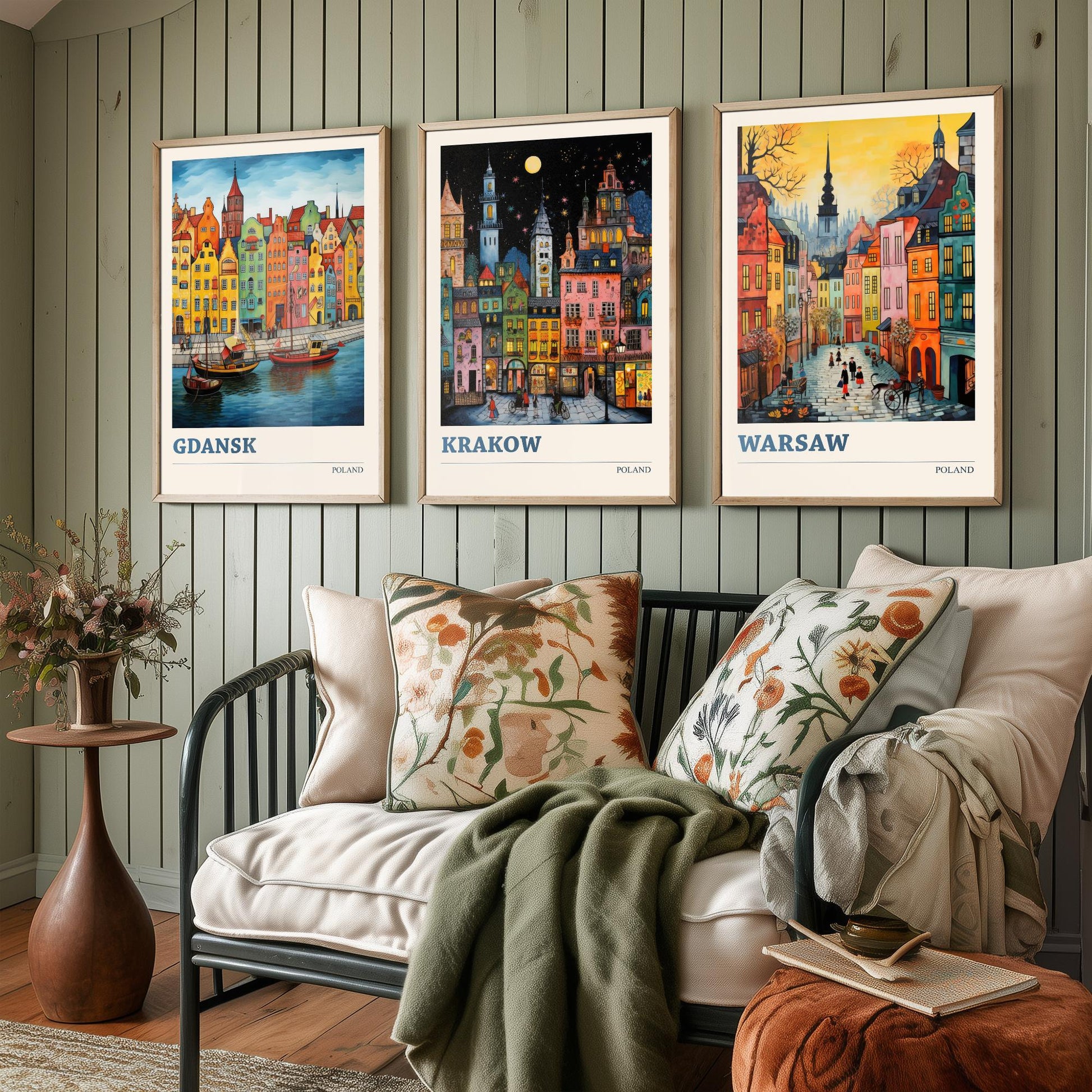 Poland Set of Three Travel Posters - Gdansk, Krakow, Warsaw - Vibrant Art Print Painting Gift Polish Wall Art Cityscape