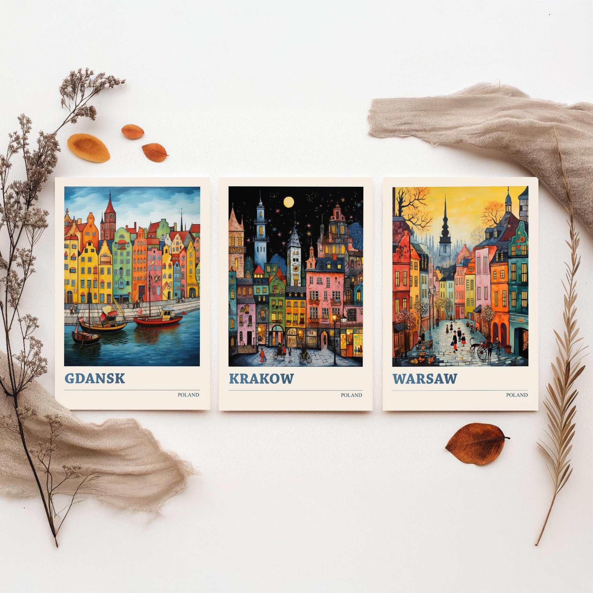 Poland Set of Three Travel Posters - Gdansk, Krakow, Warsaw - Vibrant Art Print Painting Gift Polish Wall Art Cityscape