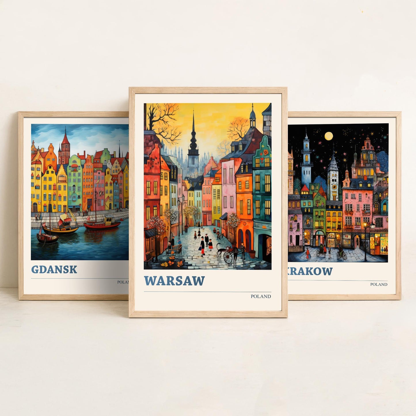 Poland Set of Three Travel Posters - Gdansk, Krakow, Warsaw - Vibrant Art Print Painting Gift Polish Wall Art Cityscape