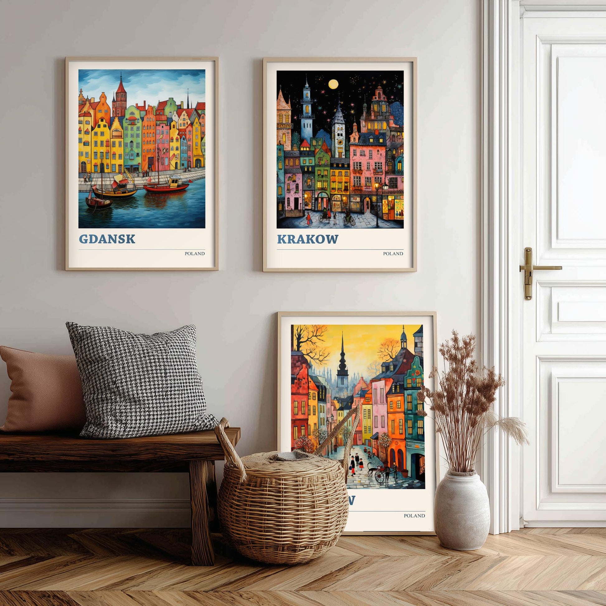 Poland Set of Three Travel Posters - Gdansk, Krakow, Warsaw - Vibrant Art Print Painting Gift Polish Wall Art Cityscape