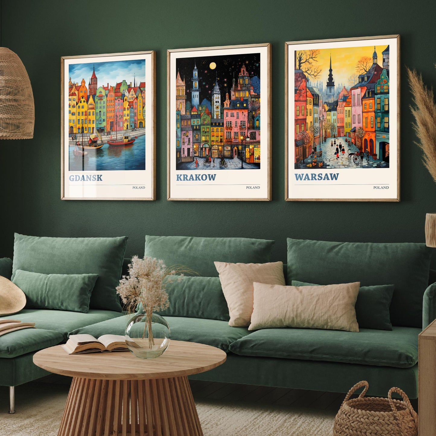 Poland Set of Three Travel Posters - Gdansk, Krakow, Warsaw - Vibrant Art Print Painting Gift Polish Wall Art Cityscape