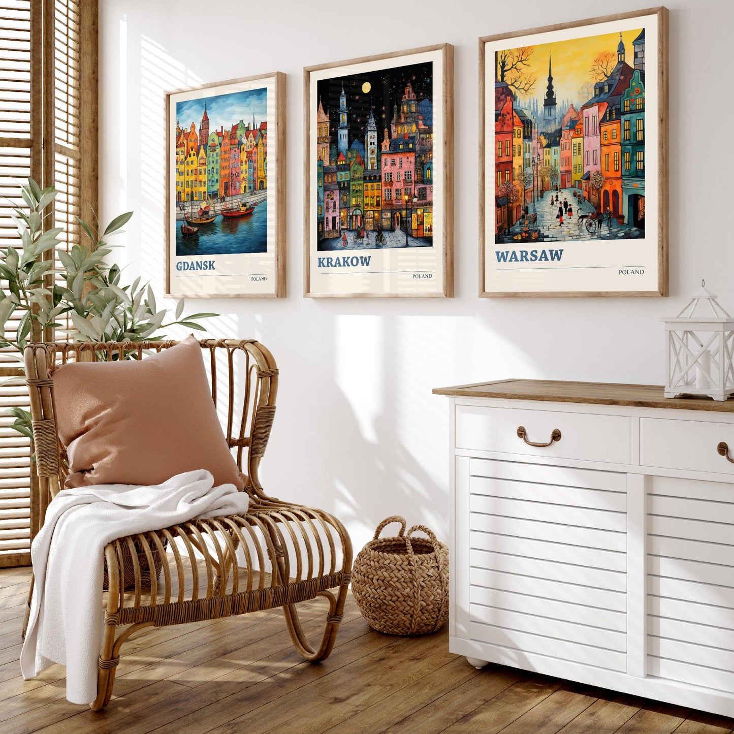 Poland Set of Three Travel Posters - Gdansk, Krakow, Warsaw - Vibrant Art Print Painting Gift Polish Wall Art Cityscape