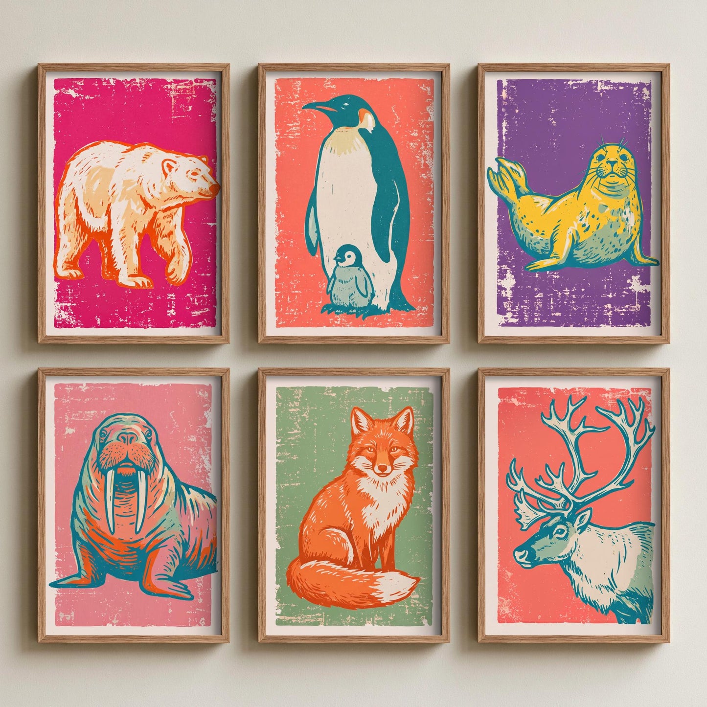 Set of Six Polar Animals Linocut Art Prints - 6 Arctic Illustrations - Polar Bear, Penguin, Seal, Walrus, Arctic Fox, Reindeer Posters