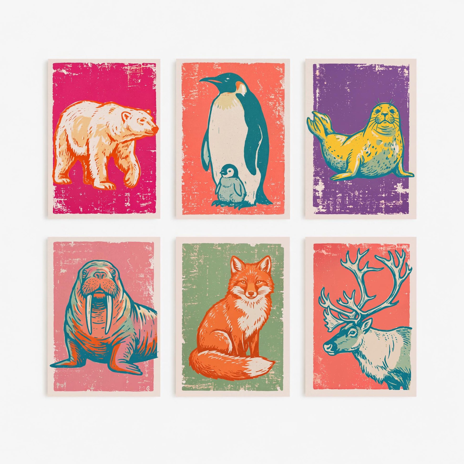 Set of Six Polar Animals Linocut Art Prints - 6 Arctic Illustrations - Polar Bear, Penguin, Seal, Walrus, Arctic Fox, Reindeer Posters