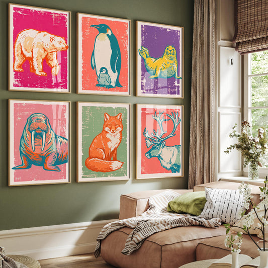 Set of Six Polar Animals Linocut Art Prints - 6 Arctic Illustrations - Polar Bear, Penguin, Seal, Walrus, Arctic Fox, Reindeer Posters
