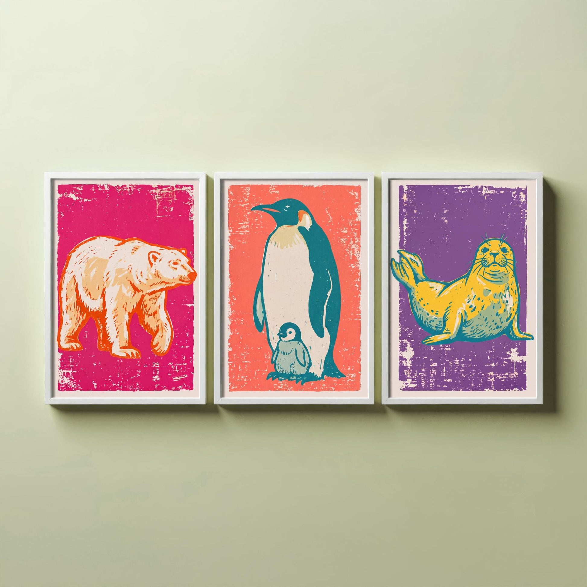 Polar Bear, Penguin and Seal - Set of Three Polar Animals Art Prints - Linocut Illustrations - Arctic Nursery Posters V1