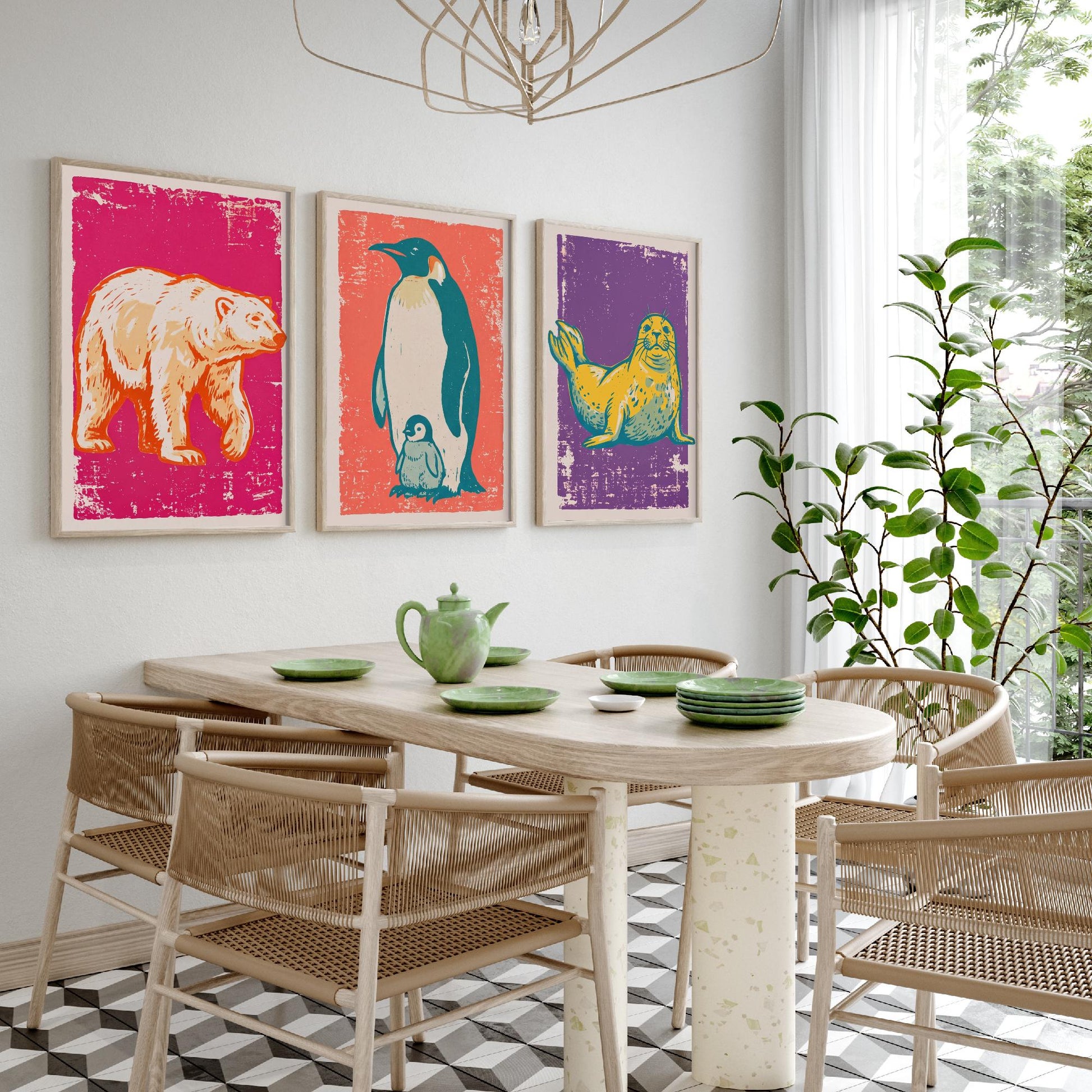 Polar Bear, Penguin and Seal - Set of Three Polar Animals Art Prints - Linocut Illustrations - Arctic Nursery Posters V1