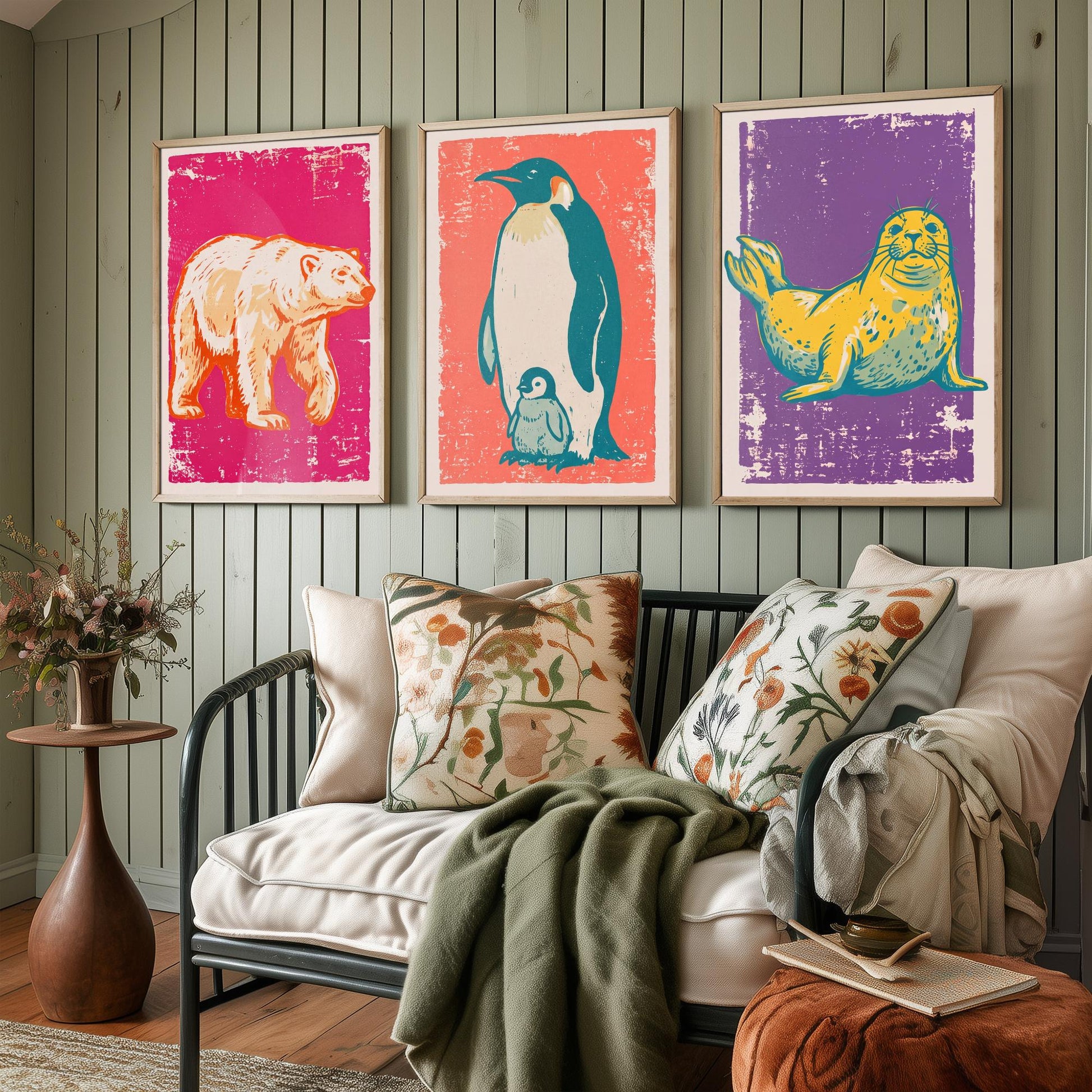 Polar Bear, Penguin and Seal - Set of Three Polar Animals Art Prints - Linocut Illustrations - Arctic Nursery Posters V1